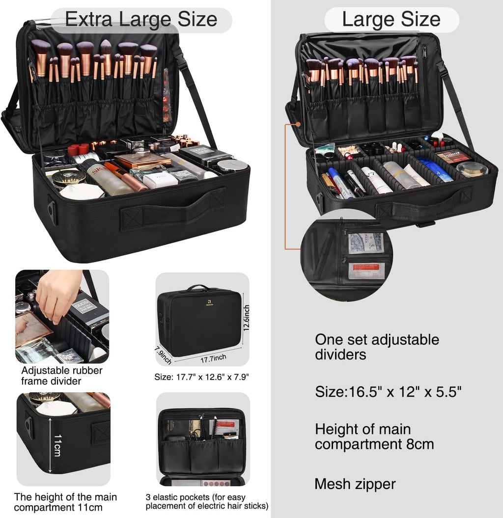 Relavel Large Makeup Organizer Profession Makeup Bag Extra Large Makeup Case with Adjustable Dividers, Adjustable Angle Fixed Belt and Shoulder Strap Plastic Dividers