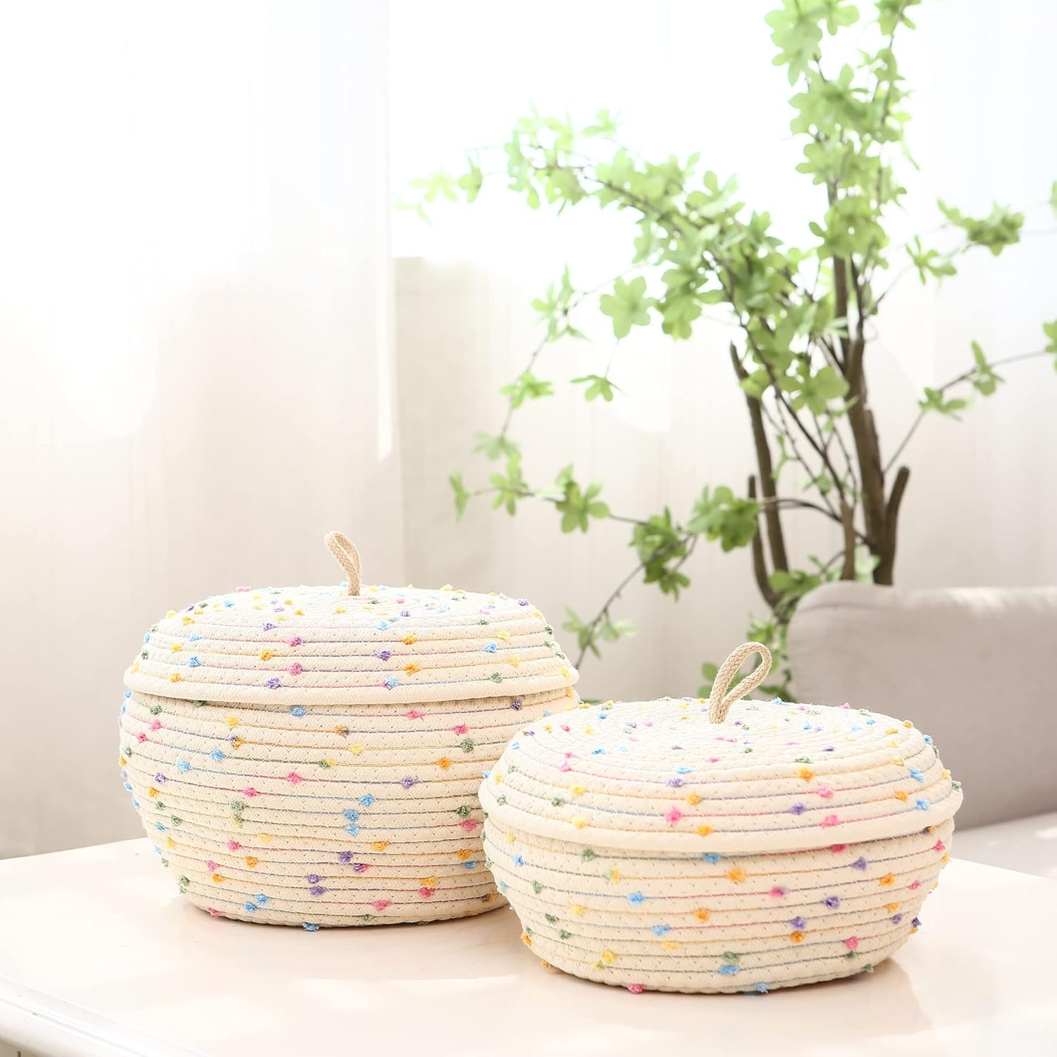 Sea Team Round Cotton Rope Storage Basket with Lid, Colorful Rainbow Pompom Woven Storage Bin, Pot, Caddy, Organizer, Container for Snacks, Towels, Plants, 13 x 5.5 Inches (Large, Shallow, Rainbow)