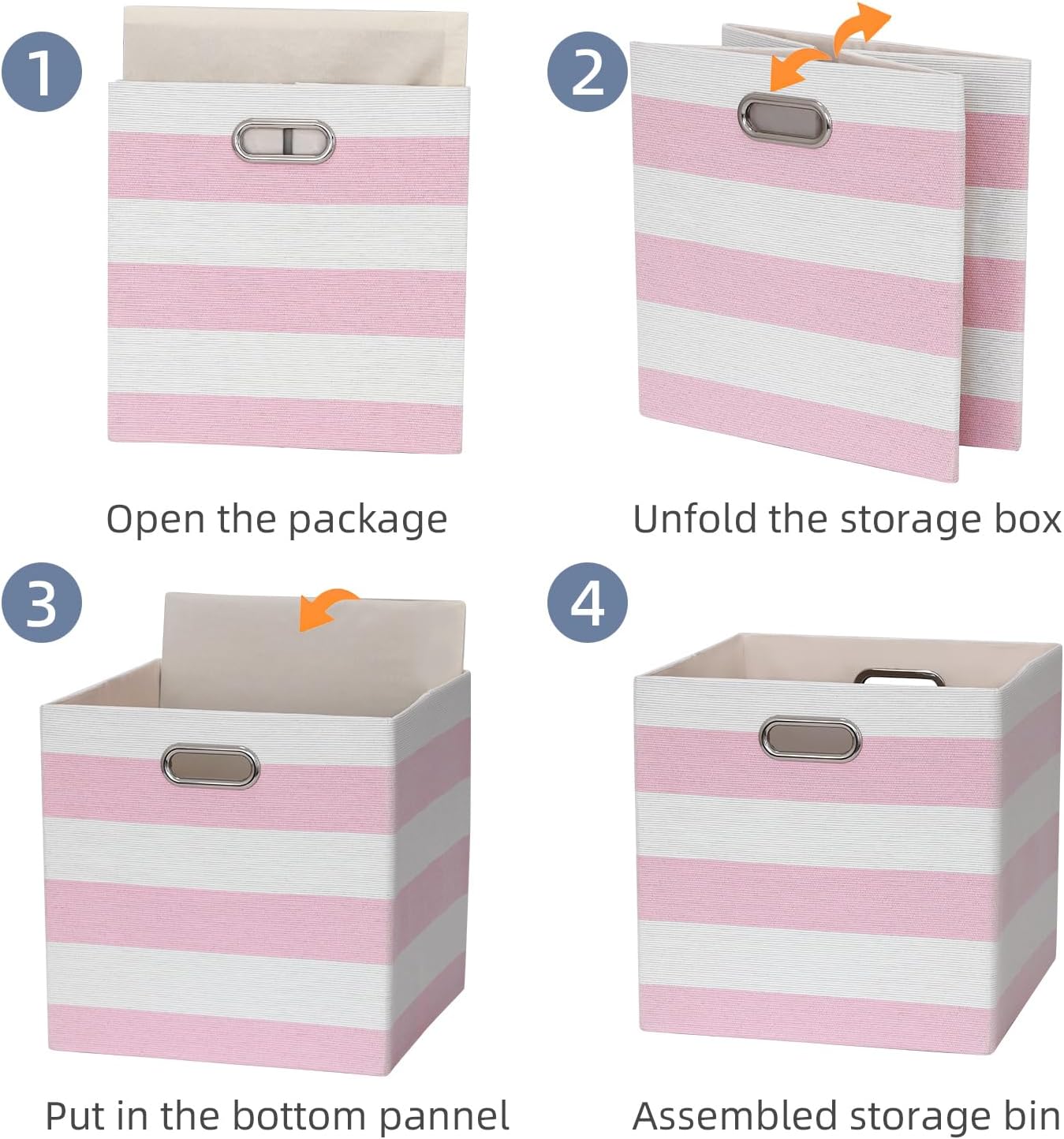 13x13x13 Storage Cube Bins, Foldable Storage Cubes Cubby Baskets Organizer Cloth Bins for Cube Storage Organizing Shelf Closet, Pack of 4, Pink/White Stripe