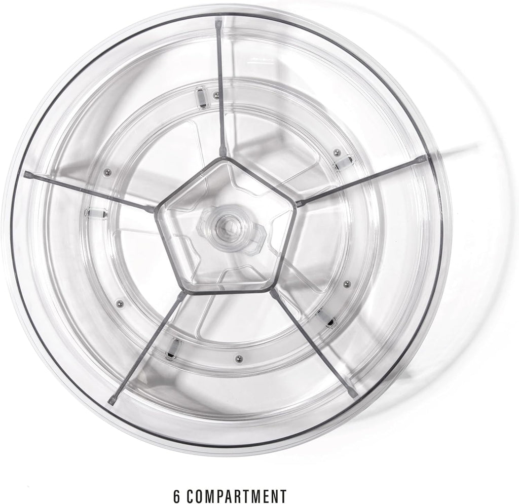 BINO Plastic Round Turntable Organizer with 6 Compartments - Clear | Spinning Divided Turntable Container | Rotating Organizer Storage for Bottle Condiments Fridge Kitchen Counter Pantry Bathroom