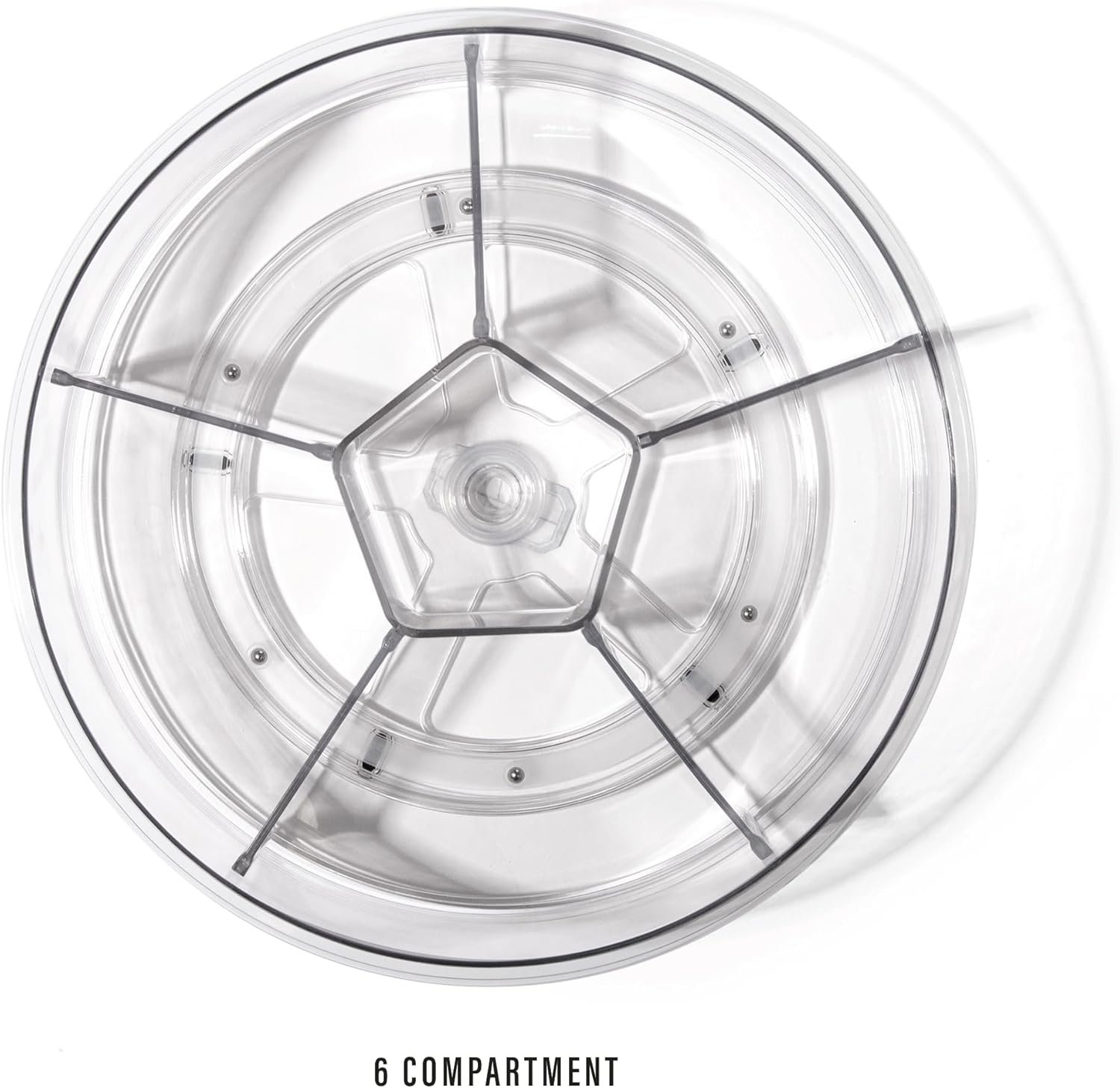 BINO Plastic Round Turntable Organizer with 6 Compartments - Clear | Spinning Divided Turntable Container | Rotating Organizer Storage for Bottle Condiments Fridge Kitchen Counter Pantry Bathroom