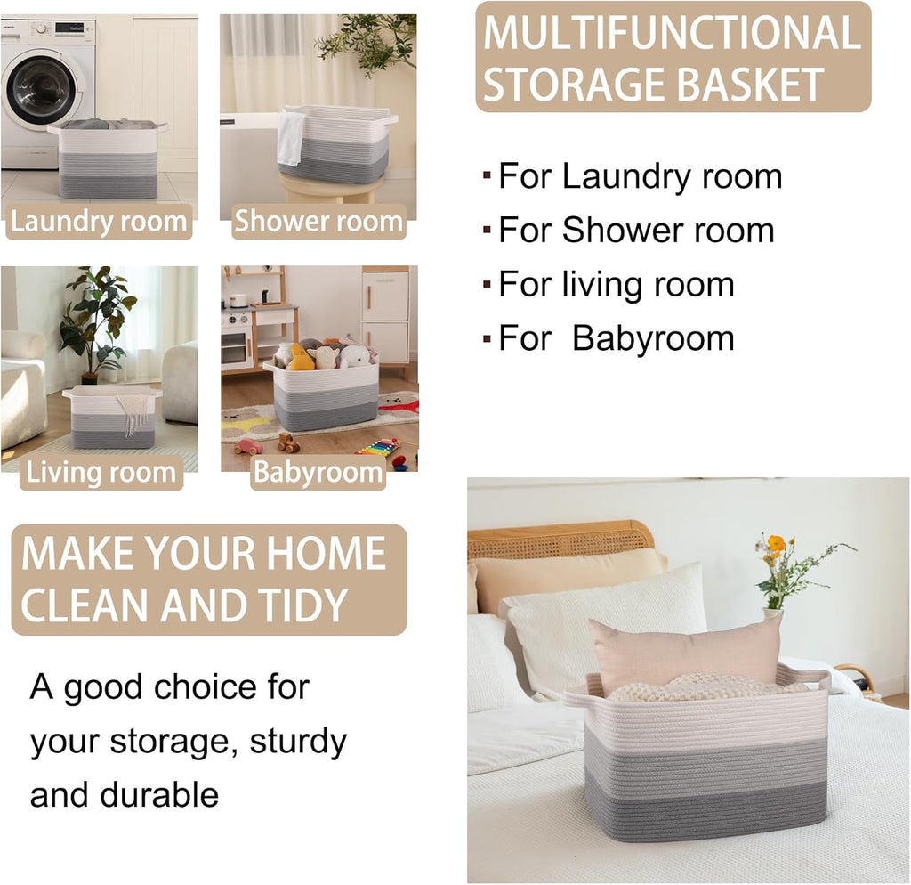 OIAHOMY Cotton Rope Basket, Rectangle Woven Baskets for Storage, Nursery Blanket Storage Living Room, Toy Basket With Handle-17.7”x13.8”x11”-Gradient Grey