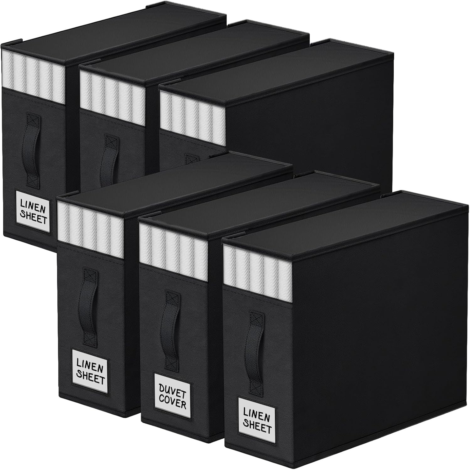 6 Pack Bed Sheet Closet Organizers and Storage,Sturdy Foldable Storage Containers with Window and Label,Storage and Organization for Bedding Sheets,Duvet Covers,Blankets (Black)