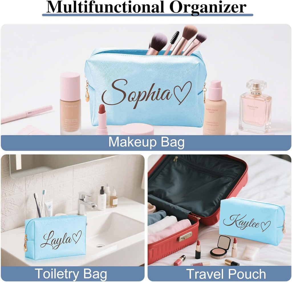 Personalized Makeup Bag with Name & Birth Flower, Custom Leather Cosmetic Bags for Women, Customized Travel Toiletry Bag Gifts for Bridesmaid Wedding