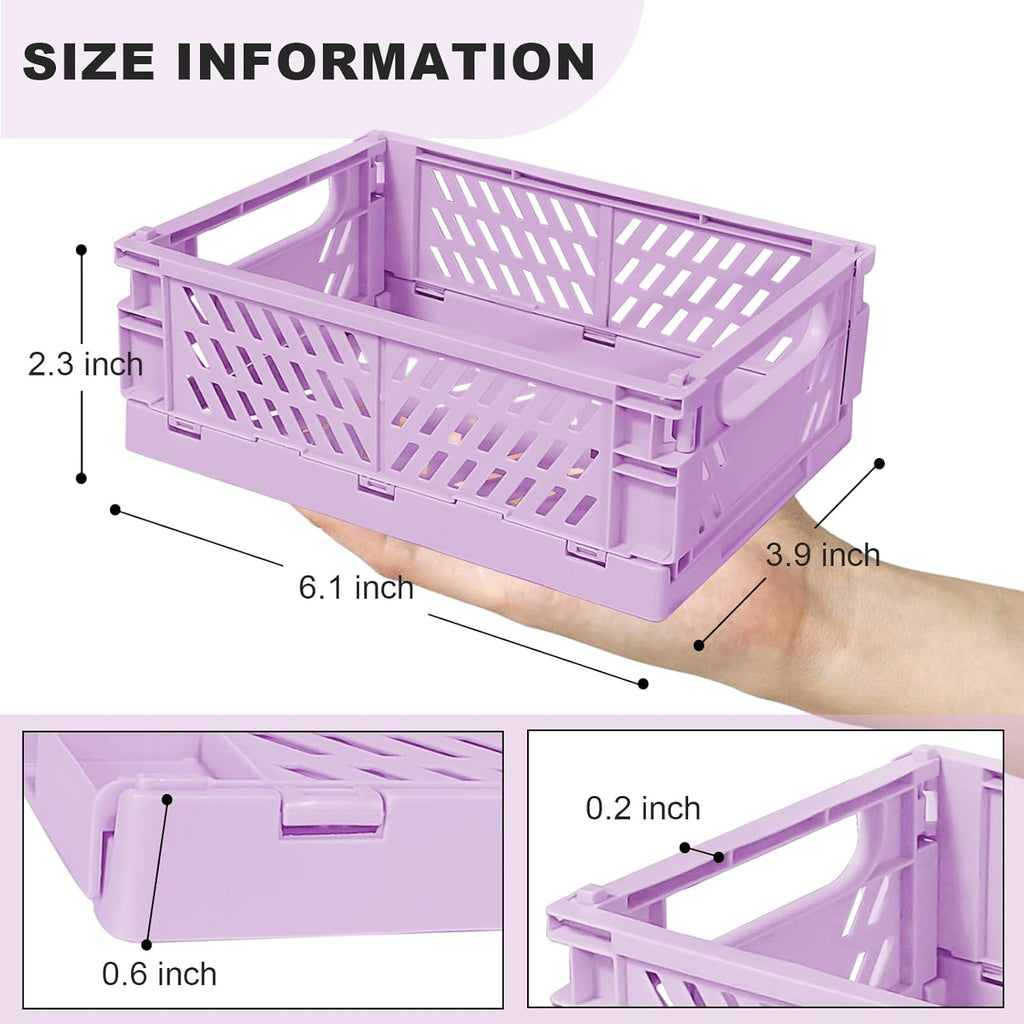 Pastel Plastic Storage Baskets 2 Pack, Collapsible Crates for Organizing, Space-Saving Bins for Kitchen, Office, Bedroom (Purple, Small: 5.8"x 3.8" x 2.2")