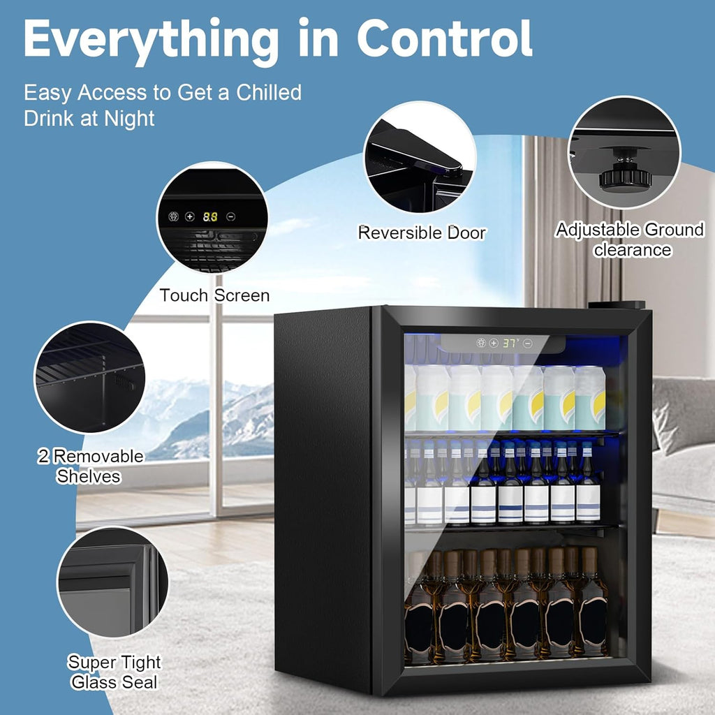 1.6 Cu.Ft Mini Fridge for 70 Cans, Small Beverage Refrigerator with Glass Door, Adjustable Shelves & Digital Display, Compact Drink Fridge for Bedroom, Office, Dorm, Bar, Under Counter Use
