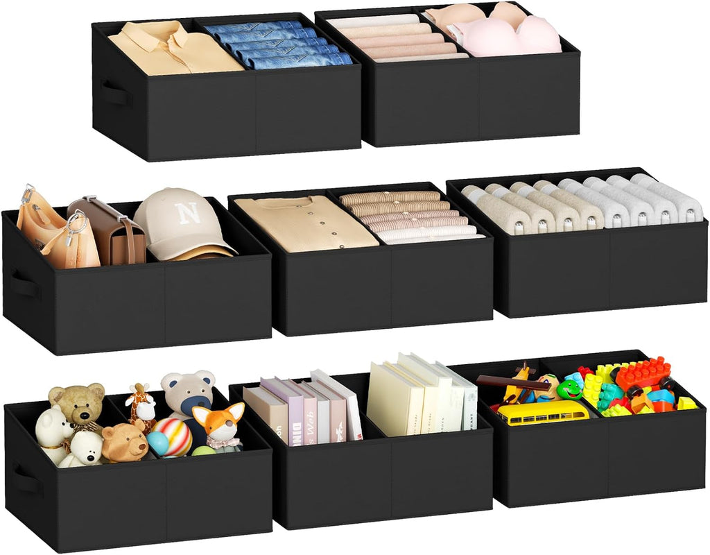 DIMJ Large Closet Shelf Organizer Bins 8 Packs with Handles and Divider, Fabric Trapezoid Storage Baskets, Foldable Clothes Containers Box for Shelf, Towel, Book, Toy, Purse, Hats, Black