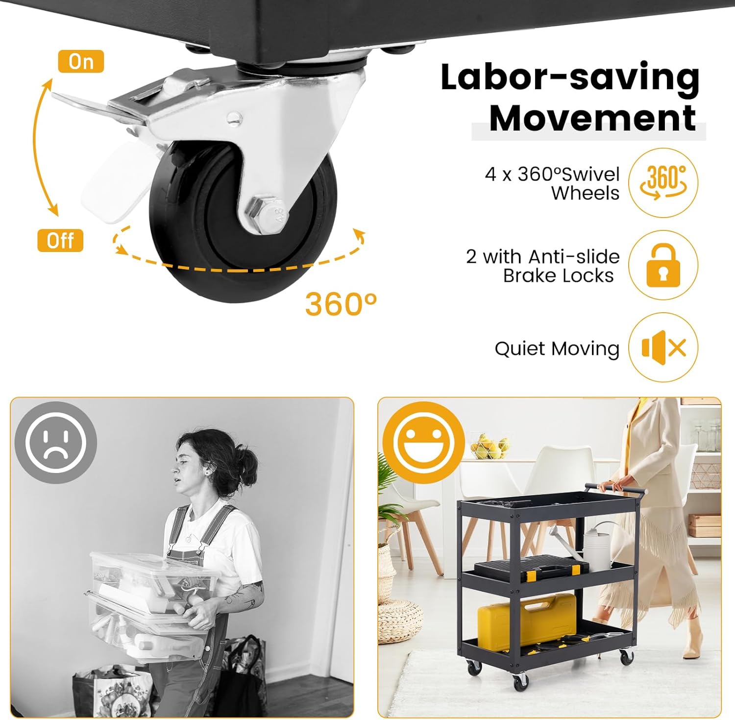 Goplus 3-Tier Utility Cart, Heavy Duty Commercial Service Tool Cart w/Lockable Wheels, 330lbs Load Capacity, Ergonomic Handle, Rolling Mechanic Tool Cart Storage Organizer for Warehouse Garage Black