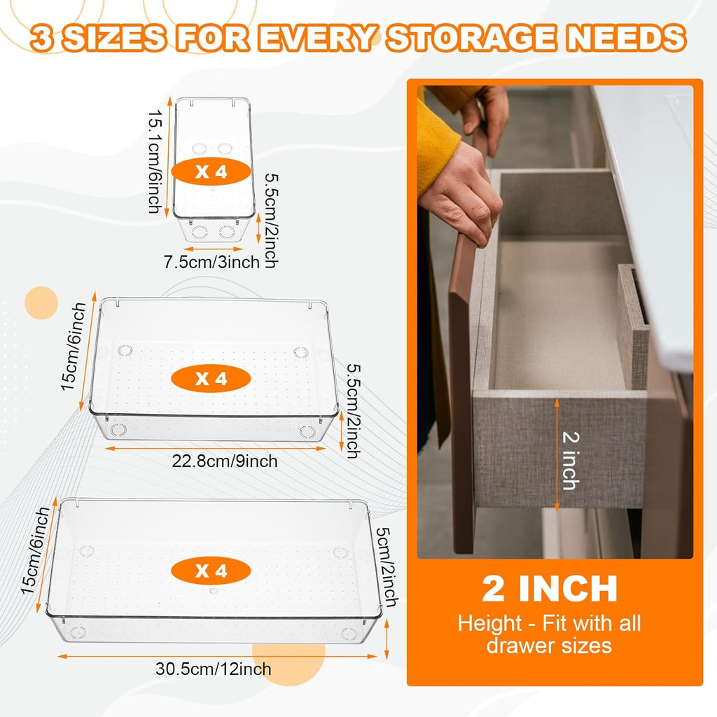 12 Pcs Clear Plastic Drawer Organizer, 12"x 6"x2", 9"x6"x2", 6"x3"x2", Kitchen Bathroom Fridge Utensil Vanity Drawer Organizers Tray Makeup Storage Organizer Drawers Trays for Organization Office