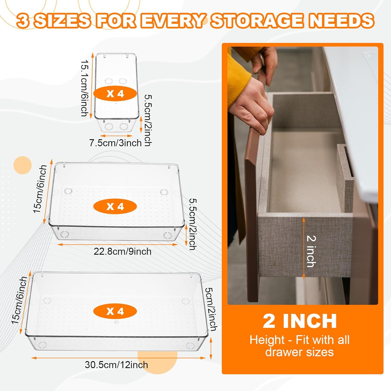 12 Pcs Clear Plastic Drawer Organizer, 12"x 6"x2", 9"x6"x2", 6"x3"x2", Kitchen Bathroom Fridge Utensil Vanity Drawer Organizers Tray Makeup Storage Organizer Drawers Trays for Organization Office