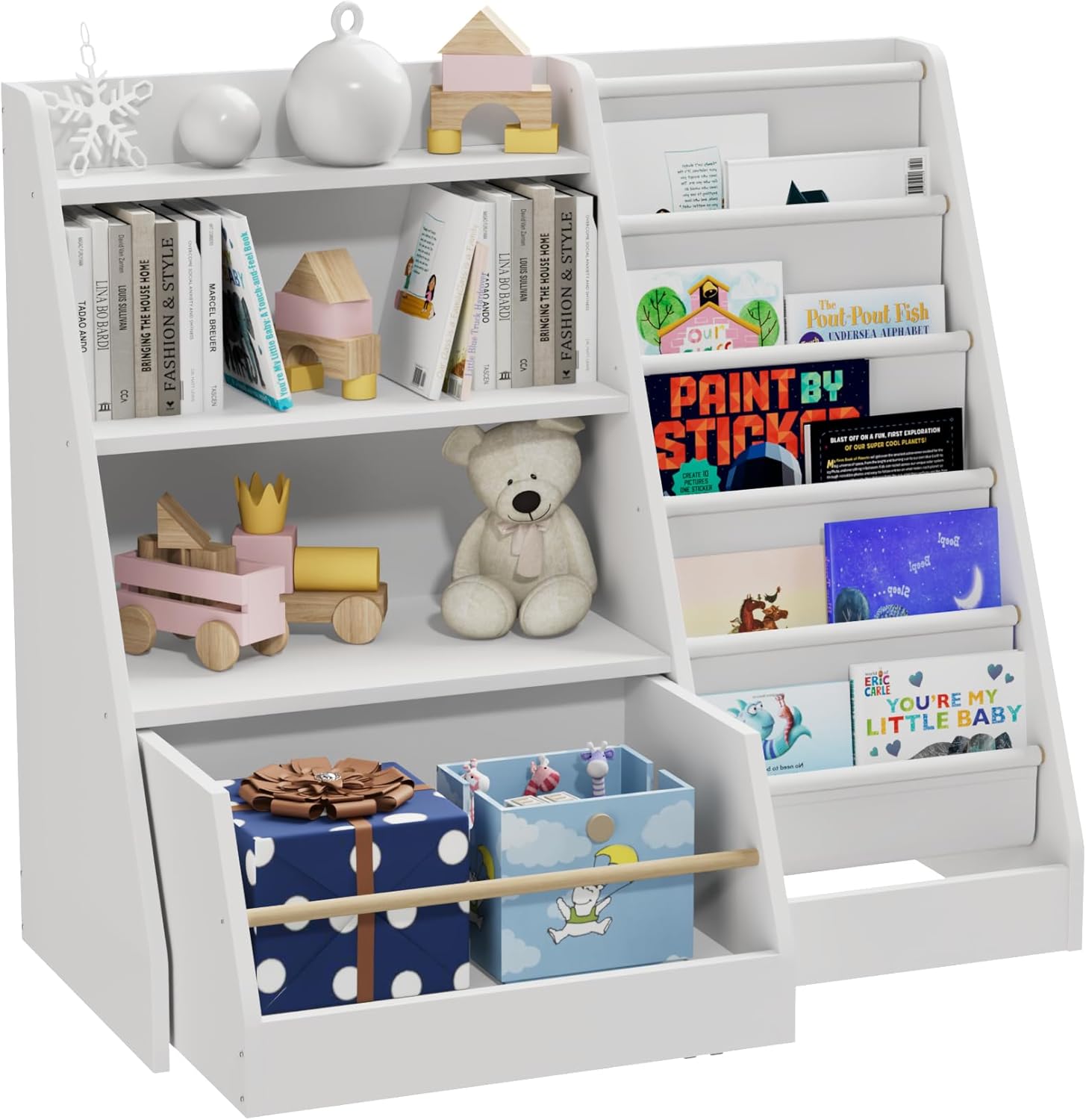 Kids Bookshelf with Toy Storage Organizer Movable Drawer, Toddler Bookcase 5 Sling Child Book Rack 4-Tier Shelf Cabinet Chest with Wheels for Nursery,Playroom,Bedroom,Living Room,Classroom