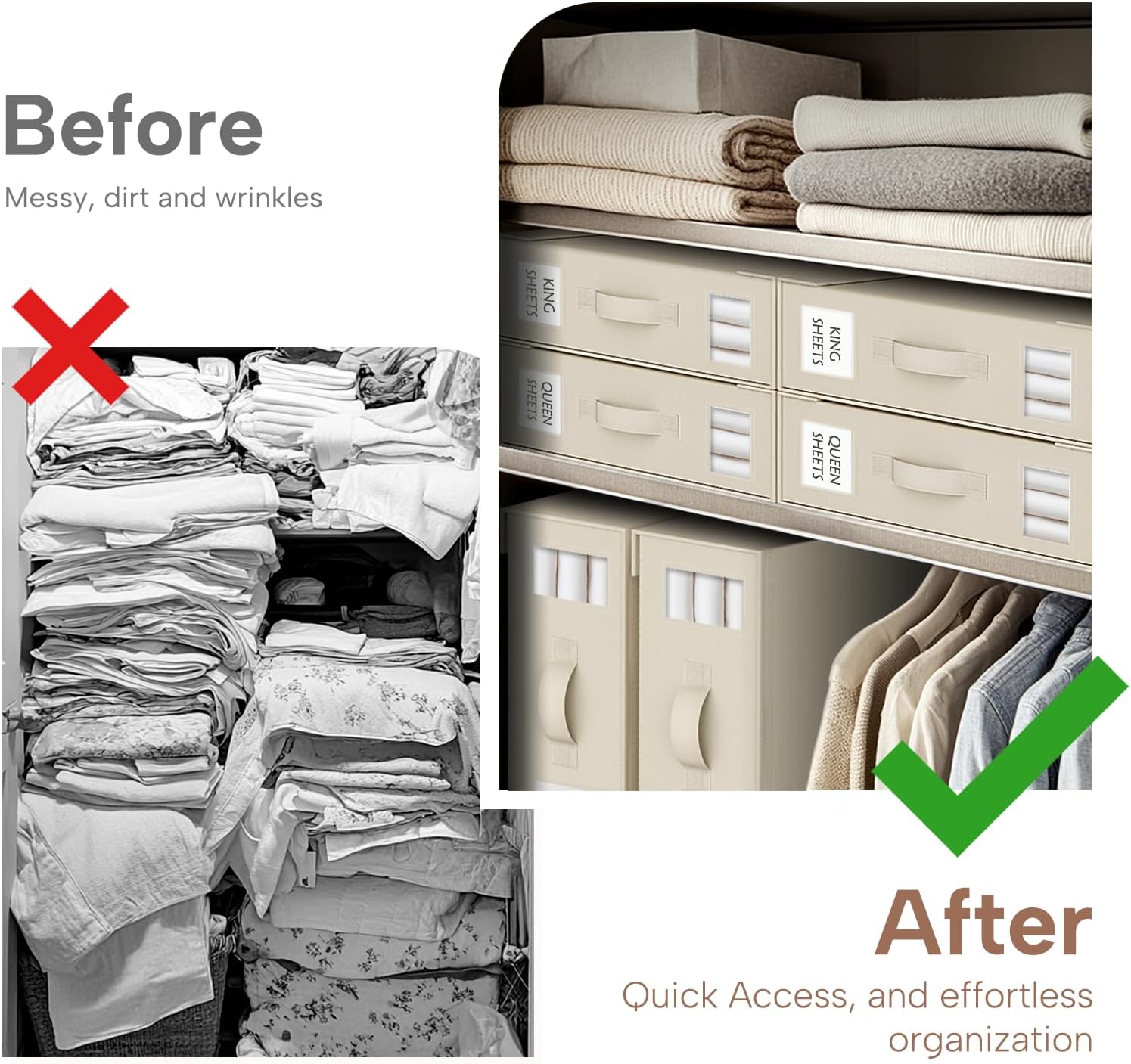 Criusia Bed Sheet Organizers and Storage, 6 Pack Foldable Linen Closet Organizer Box – Bedding Holder for Sheet Set (King/Queen Sizes), Duvet Covers, Blankets (Beige)