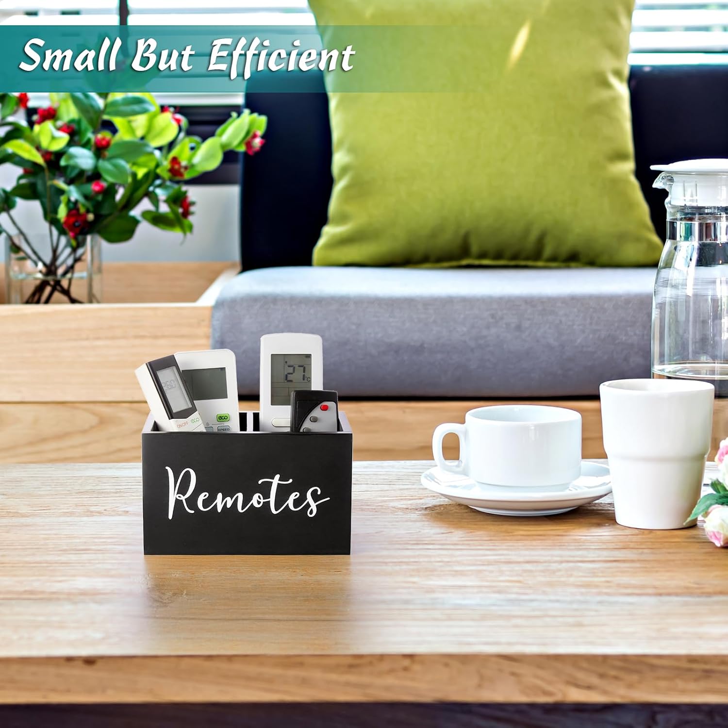 DRASTAR Remote Control Holder, TV Remote Holder, Remote Organizer Caddy for Table, Wooden Remote Box for Nightstand, Black Remote Caddy with 2 Slots