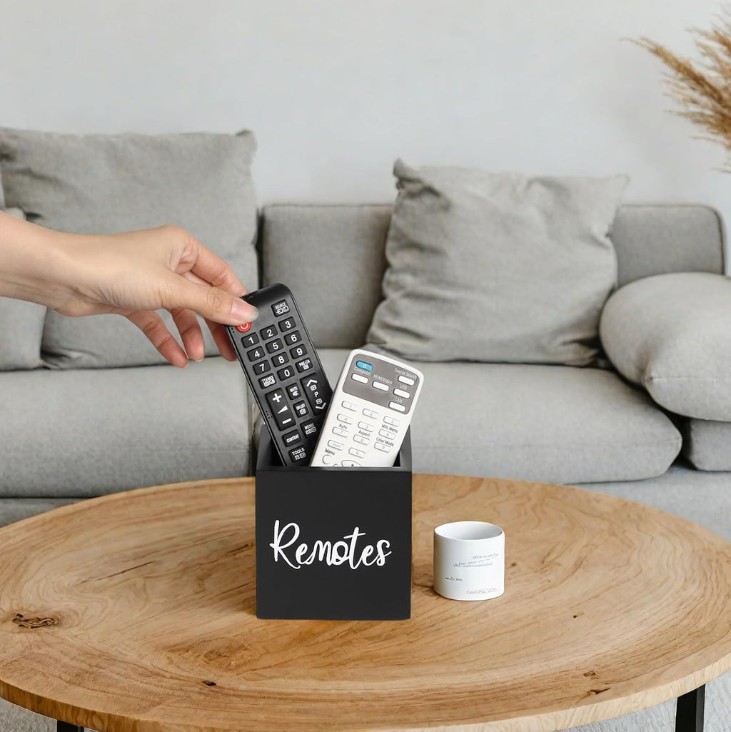 Wood Remote Control Holder, TV Remote Control Organizer for Home Bedroom Table, Multi-Purpose Desktop Storage (Black, S,for 2 or 3 Remote Controls)
