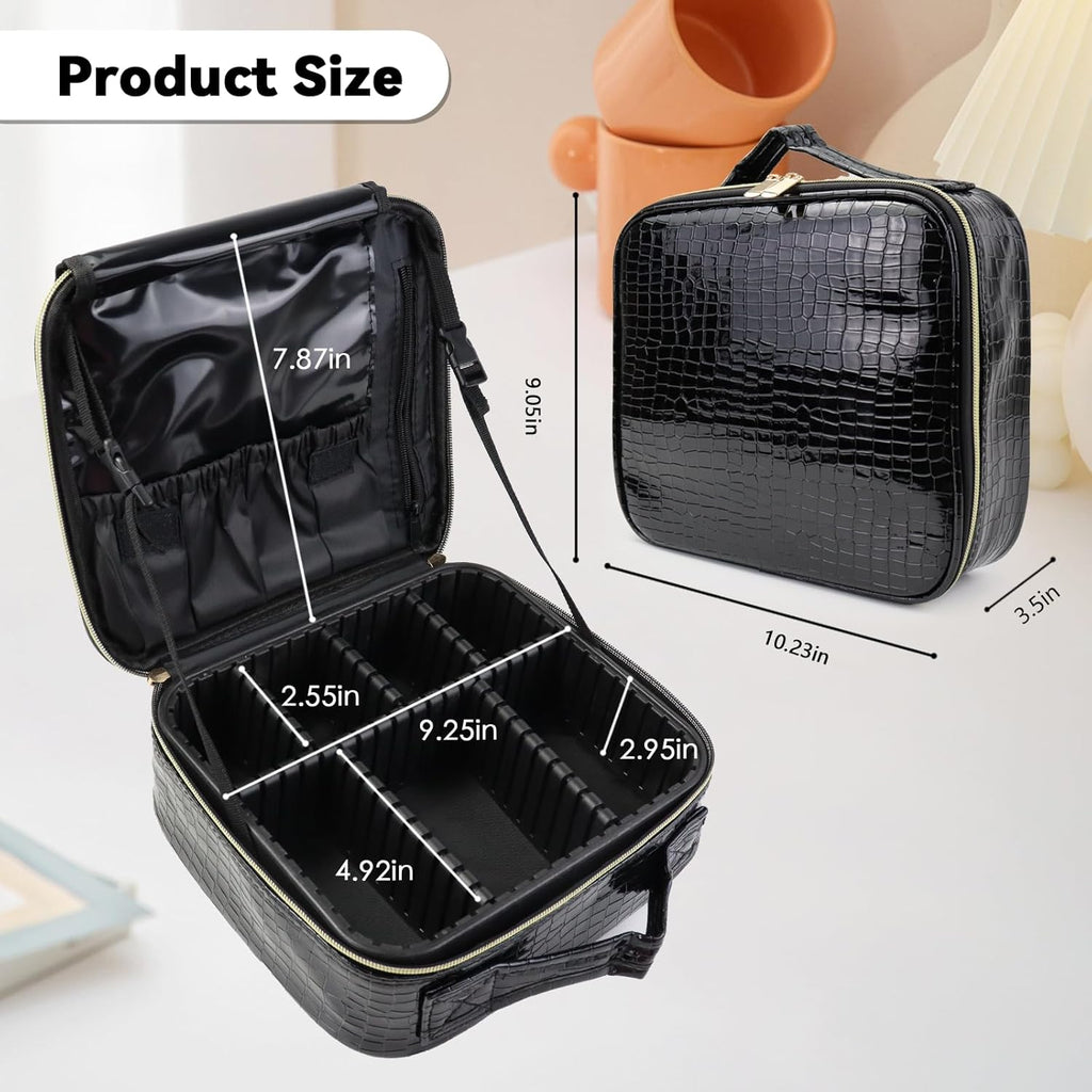 Travel Makeup Bag Makeup Cosmetic Train Case Organizer Portable Storage Bag with Adjustable Dividers for Cosmetics Makeup Brushes Toiletry Jewelry Black Crocodile Pattern