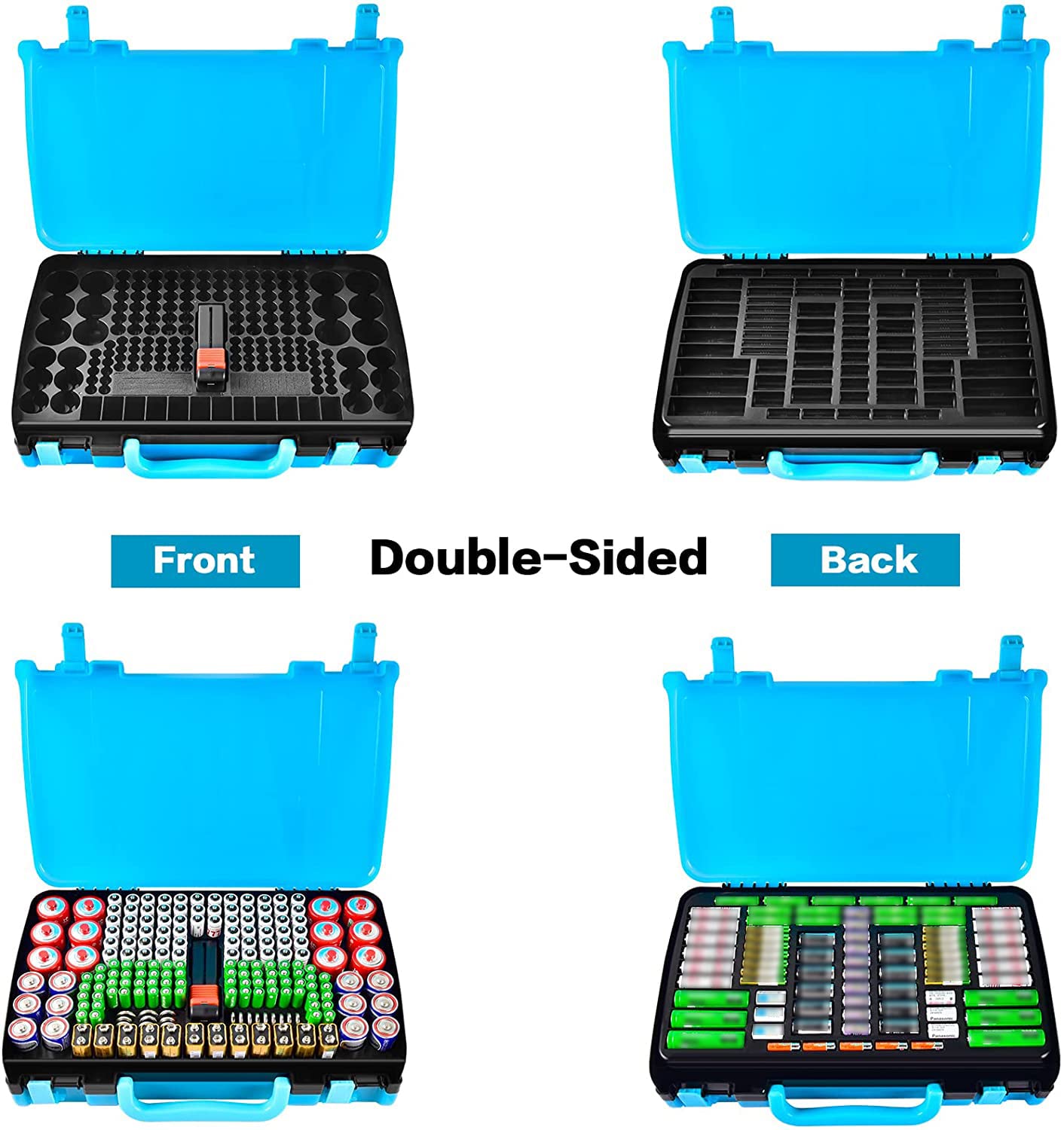 Battery Storage Organizer Case Holder Box with Tester, Double-Sided Batteries Fits for 269 Caddy Container AA AAA AAAA 3A 4A 9V C D Lithium 23A 4LR44 CR123A CR1632 CR2032 - Blue