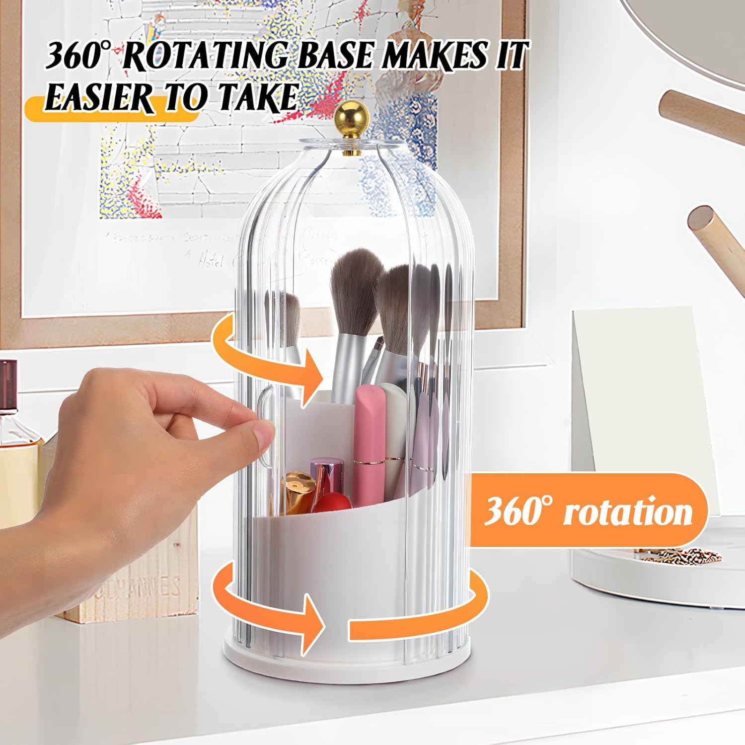 Rotating Makeup Brush Holder With Lid : Makeup Organizer For Vanity Dustproof Cosmetic Brush Organizer For Home Use, White, 9. 84 X 4. 92 X 4. 92 Inches
