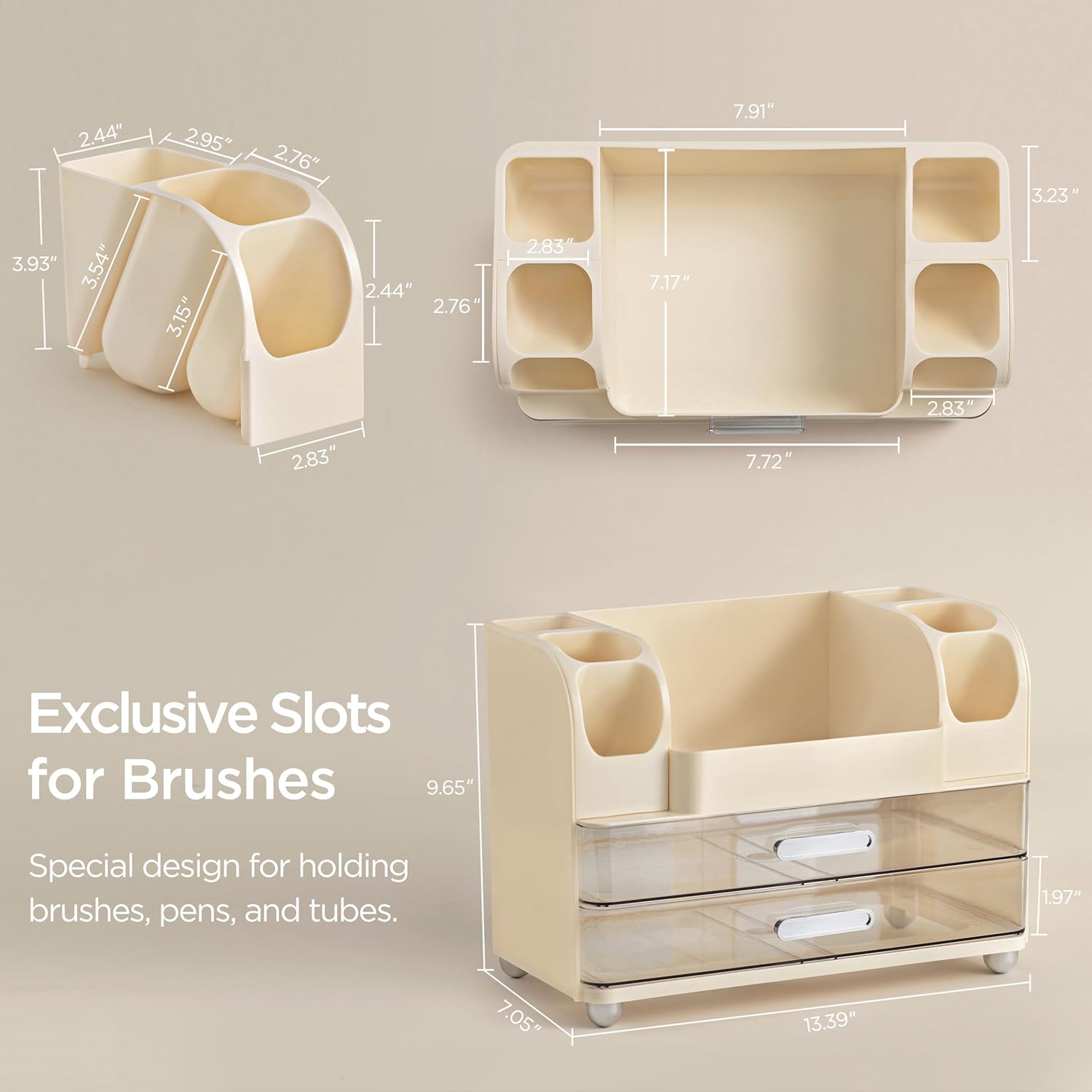 HBlife Makeup Organizer for Vanity with Brush Holder, Large Bathroom Countertop Cosmetic Organizer Skin Care Storage, Easy to Store Lipsticks, Nail Polishes, Perfumes, Eyeshadow Palettes, Beige