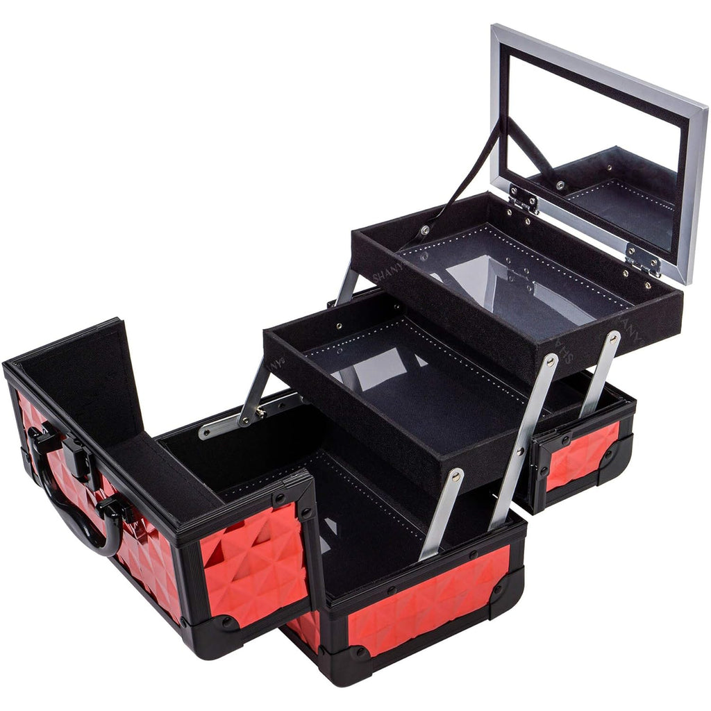 SHANY Chic Makeup Train Case Cosmetic Box Portable Makeup Case Cosmetics Beauty Organizer Jewelry storage with Locks, Multi trays Makeup Storage Box with Makeup Mirror - Ruby Red