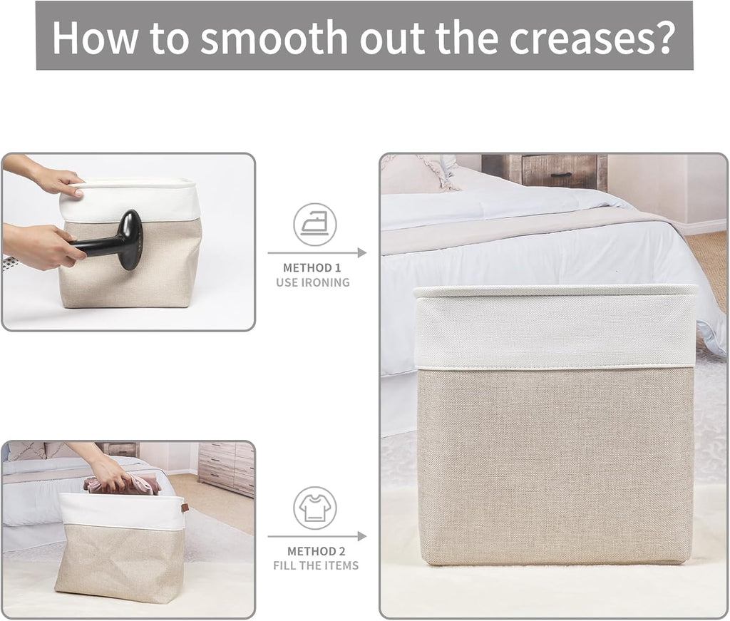 13x13 Cube Storage Bins, Collapsible Fabric Storage Box, 4 Pack Closet Baskets with Handles for Organizing, Shelf, Toys, Clothes, Home, Office, Nursery (Beige&White)