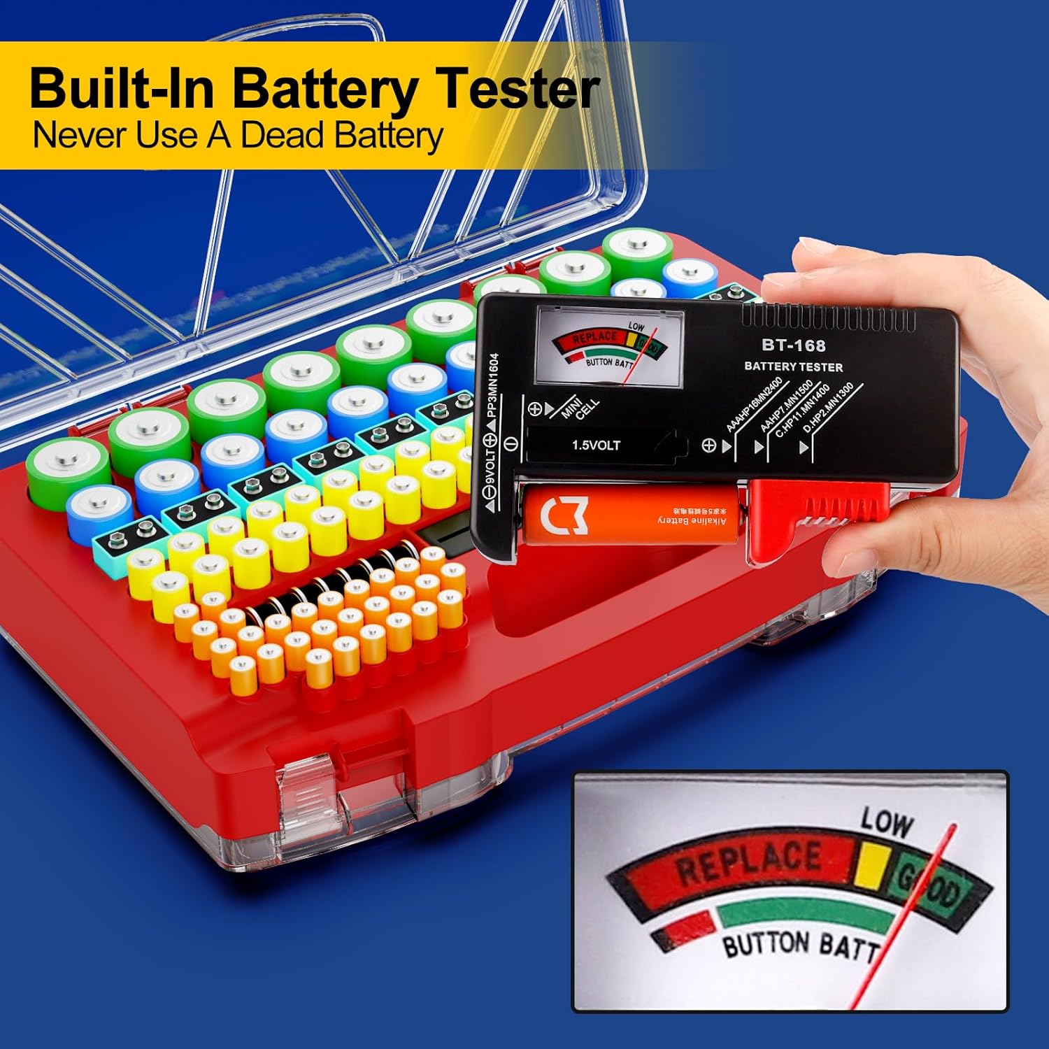 Battery Organizer Storage Holder Box Case with Tester, New Ultra-Large 285+Batteries Double-Sided Variety Pack, Holds AA AAA 4A C D Button Cell 9V 3V CR123 CR1632 LR44 Lithium18650 CR2 Red