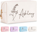 Personalized Makeup Bag with Name & Birth Flower, Custom Leather Cosmetic Bags for Women, Customized Travel Toiletry Bag Gifts for Bridesmaid Wedding