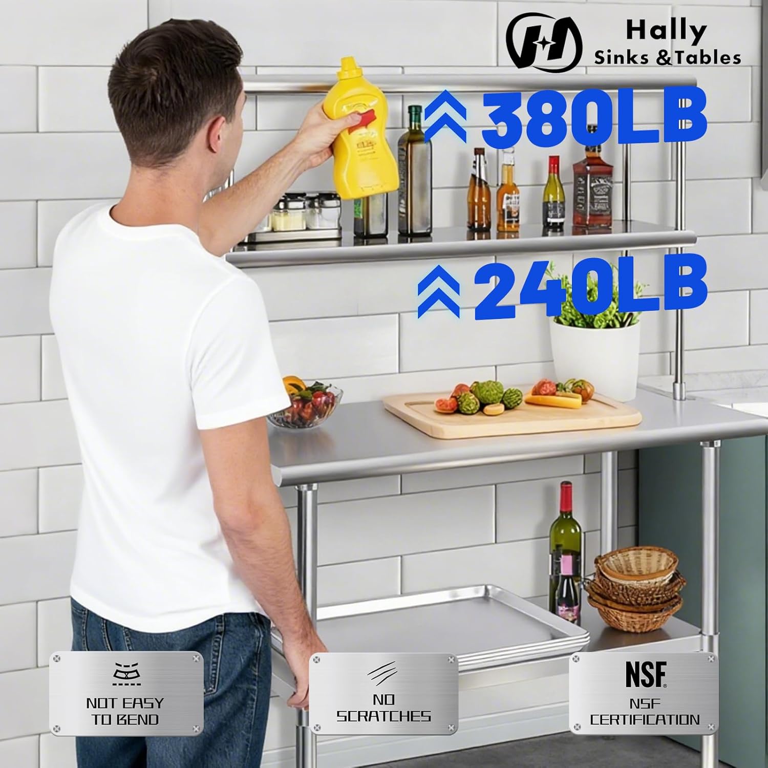 Hally Double Overshelf of Stainless Steel 12'' x 48'' Weight Capacity 380lb, Commercial 2 Tier Shelf for Prep & Work Table in Restaurant, Home and Kitchen