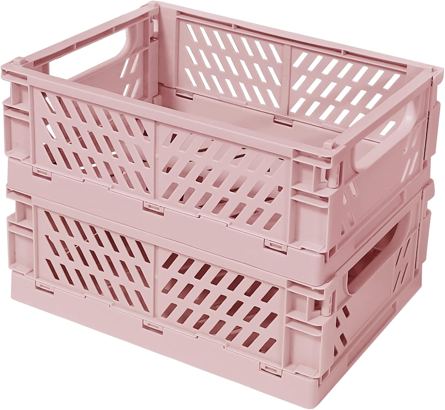 Small Pastel Plastic Storage Bins 2Pcs Foldable Pastel Crates Plastic Basket Colorful Storage Containers Baskets for Classroom Kitchen Office Bedroom Desktop Home Decor (Pink 5.8" x 3.8" x 2.2")