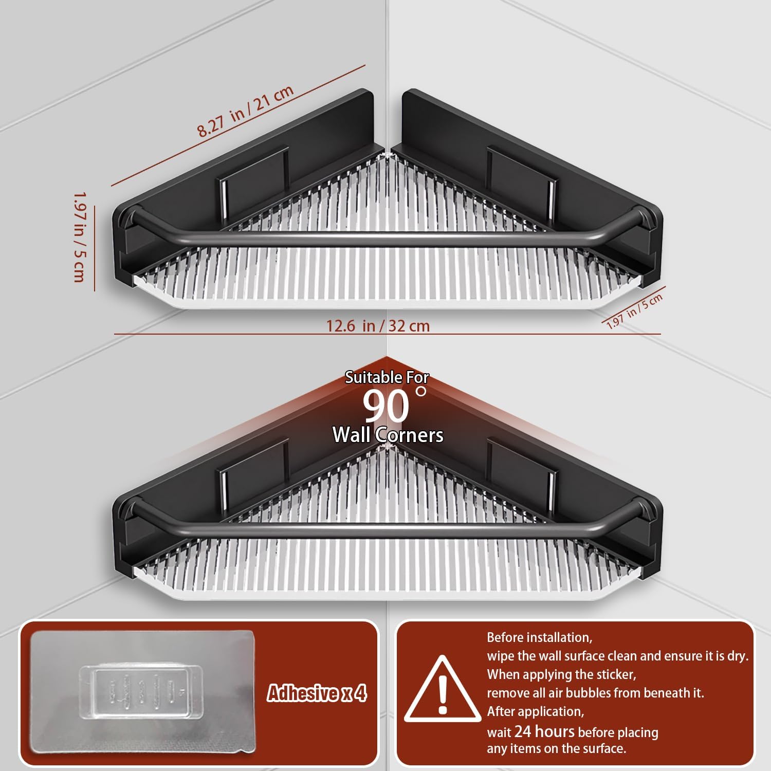 Corner Shower Caddy, 2 Pack Adhesive Bathroom Shelves，Acrylic Shower Shelf Rack, No Drilling Bathroom Organizers and Storage Racks,Black