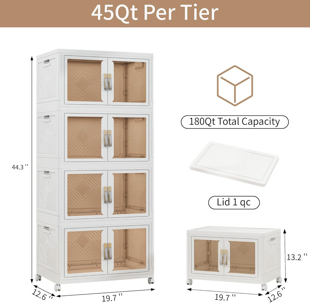 Large Clear Stackable Storage Bins with Lids, Foldable Storage Cabinet for Closet Organizers and Storage, Plastic Storage Box with Wheels 180 QT