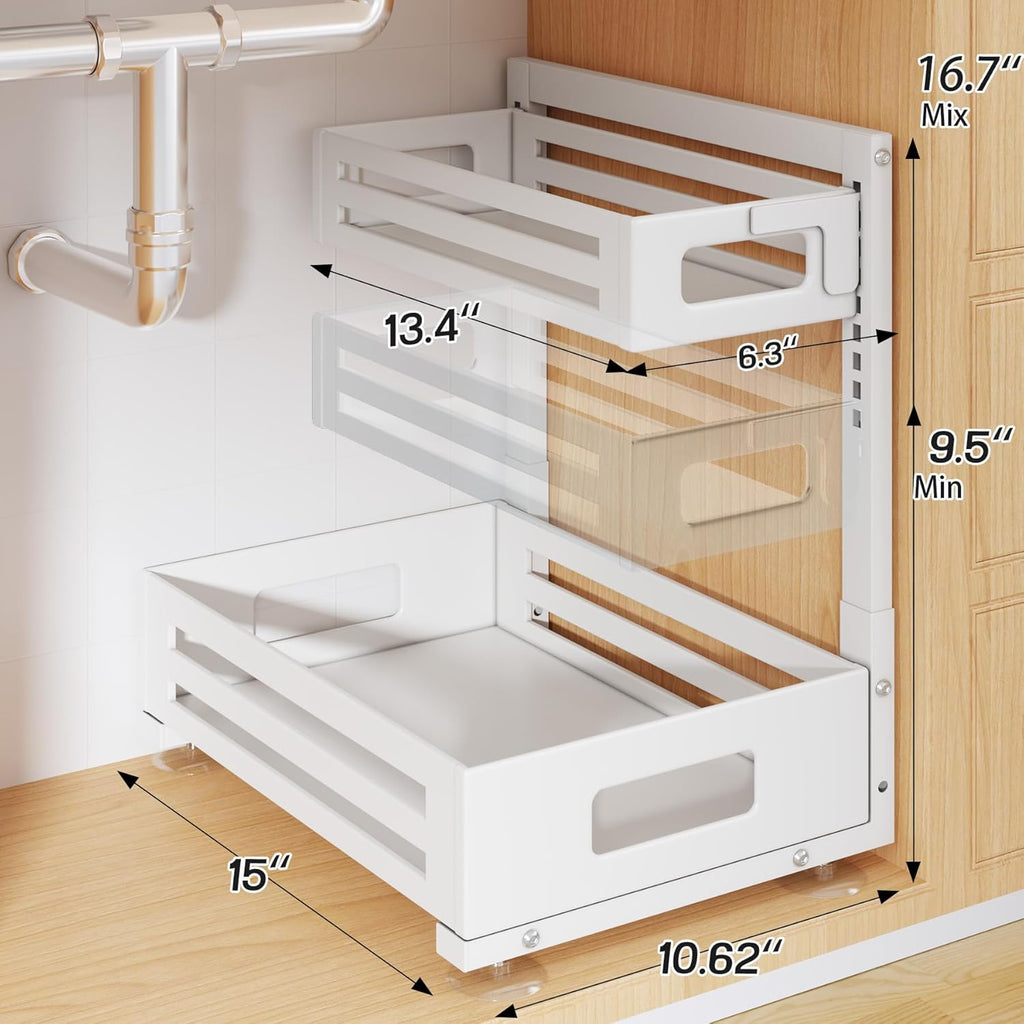 1 Pack Under Sink Organizer,Pull Out Cabinet Organizer with Smooth Cylindrical Rail,Metal Slide Out Drawer for Kitchen Bathroom Laundry Cabinet,8-Level Tool Free Height Adjustable-White