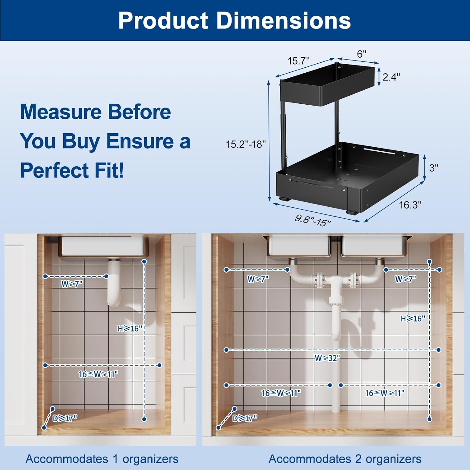 Insputer 2 Pack Under Sink Organizer, 2 Tier Under Cabinet Storage Expandable Width 9.8"-15" & Height Adjustable, Thickened Pull Out Shelf for Bathroom, Kitchen, Laundry, Pantry(Black)
