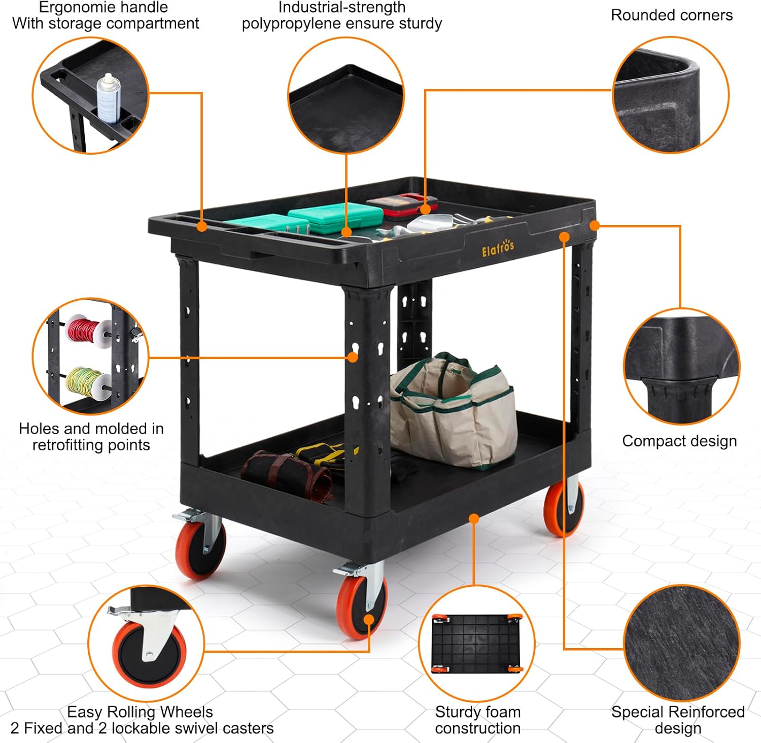 ELAFROS Extra Large Heavy Duty Utility Cart 39.9 x 24.6 Inch - Work Cart Big 2-Tier Plastic Rolling Service Cart with Deep Shelves, 6 Inch Casters, 550 lbs Capacity, Black