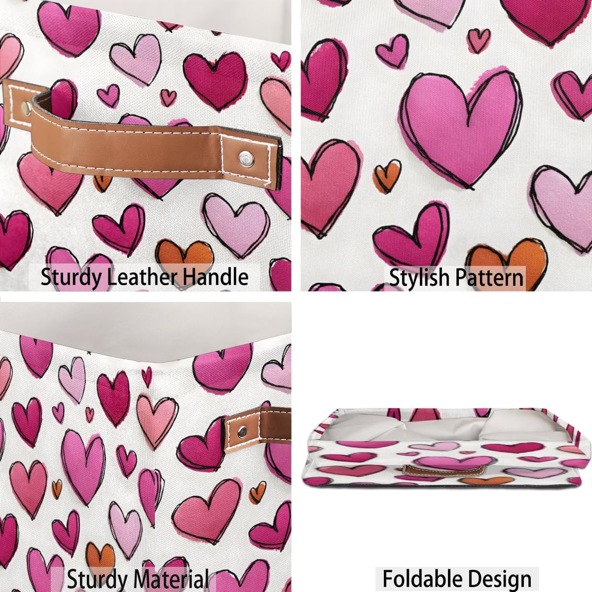 TropicalLife 13x13x13 Inch Large Fabric Storage Cube Love Hearts Foldable Storage Bin with Handles Organizer Boxes Cube Basket for Shelves Organizing Closet