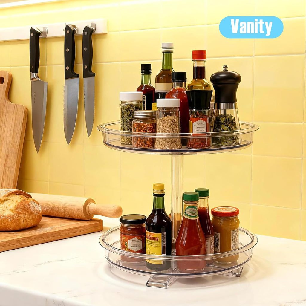 2 Tier Lazy Susan Organizer,9.7 Inch Lazy Susan Turntable for Cabinet,Rotating Spice Rack Organization for Kitchen,Refrigerator, Bathroom, Clear