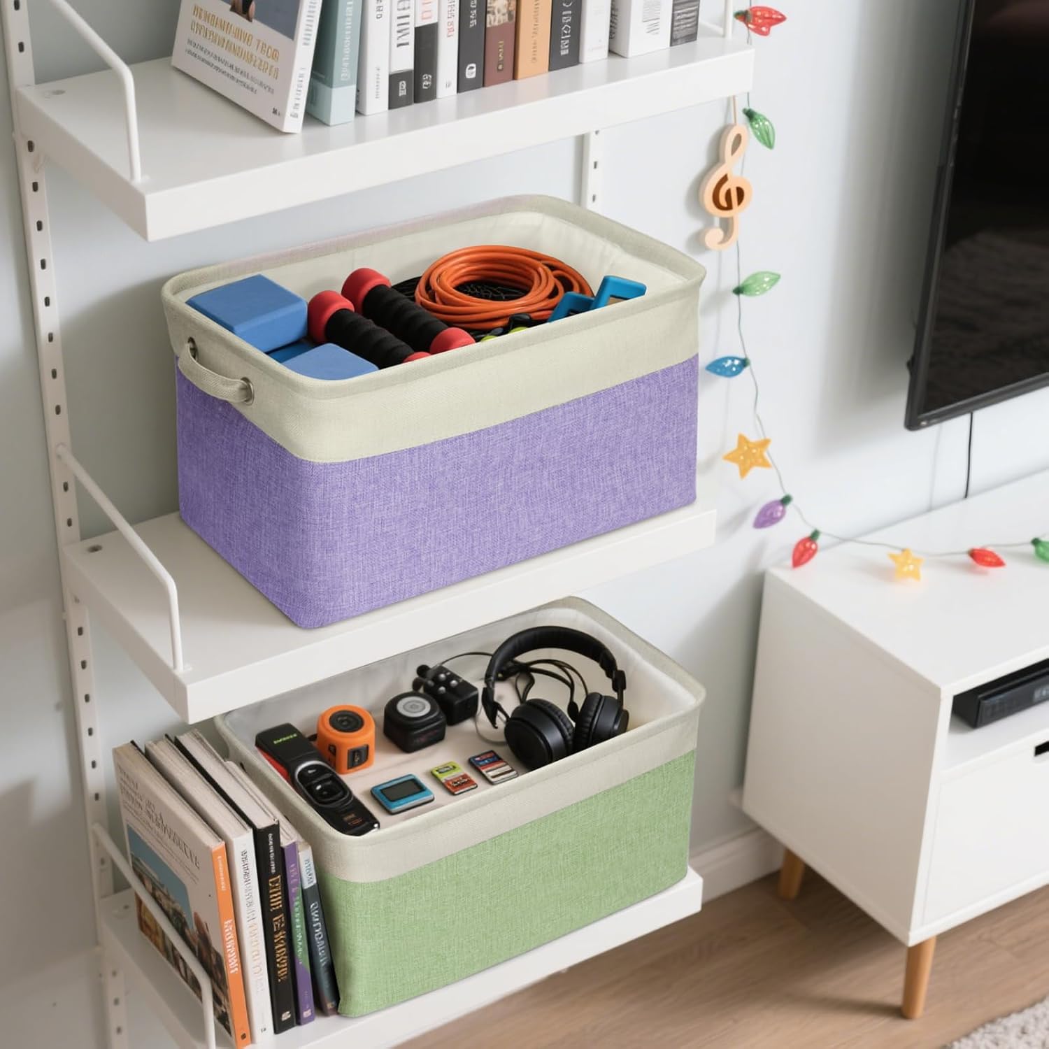 BALEINE 2 Pack Fabric Storage Bins for Shelves, Linen Storage Baskets for Organizing, Decorative Closet Bins for Clothes, Home (Skyblue, 15''x11''x9.5'')