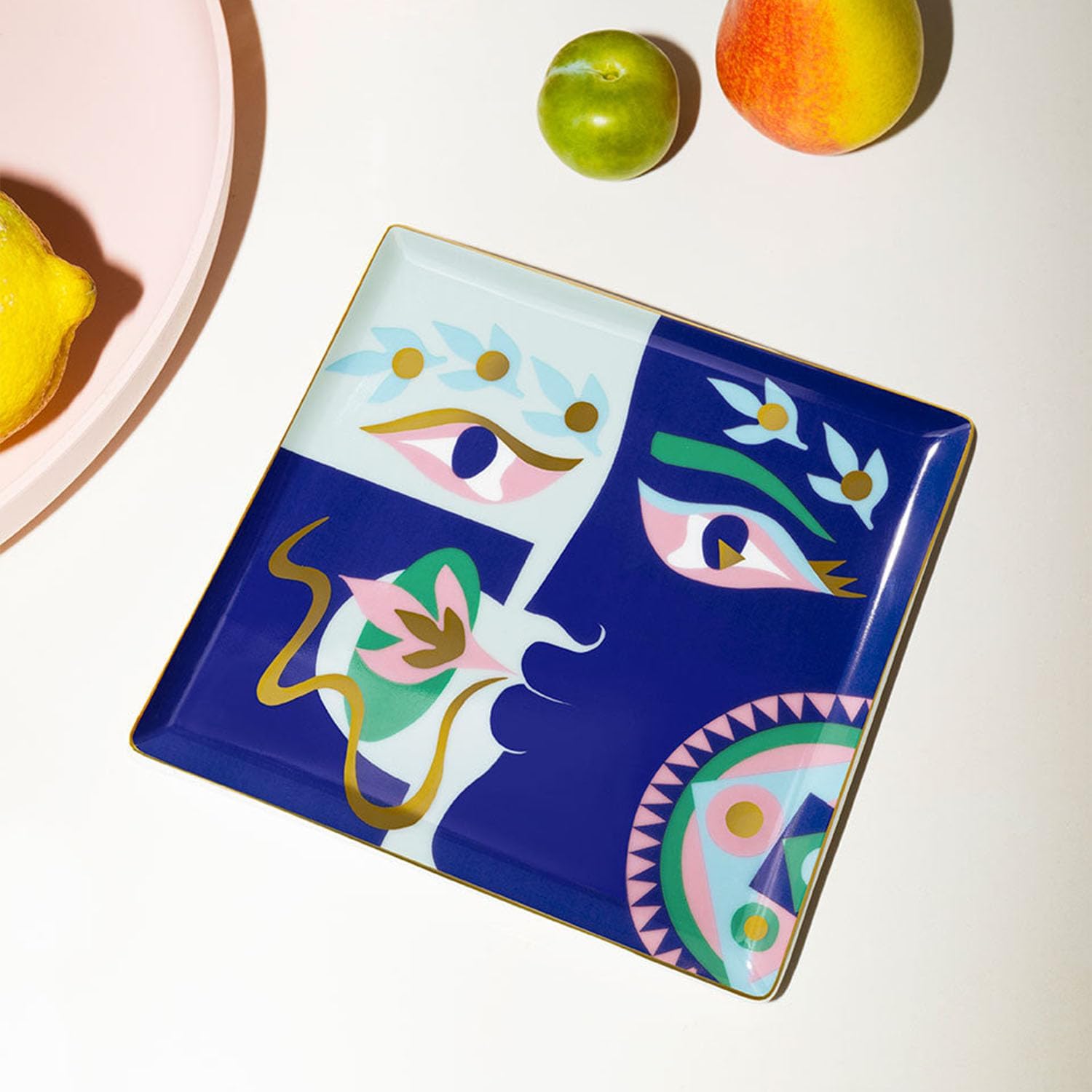 OCTAEVO Ceramic Tray | Roman-Inspired Decorative Trinket Dish with Hand-Applied Gold Glaze | High-Fired Ceramic Catchall for Entryway & Coffee Table | Luxurious Gift Box Included (Blue)