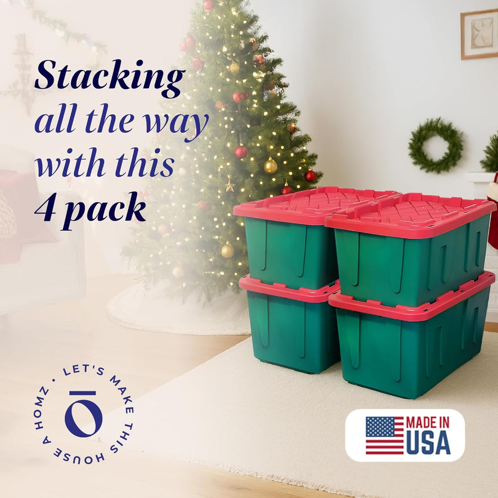 HOMZ 4-Pack Durabilt, Heavy Duty Plastic Storage Bins with Lids, 27 Gallon, Red/Green - Stackable Container Boxes for Holiday, Attic, and Garage Organization