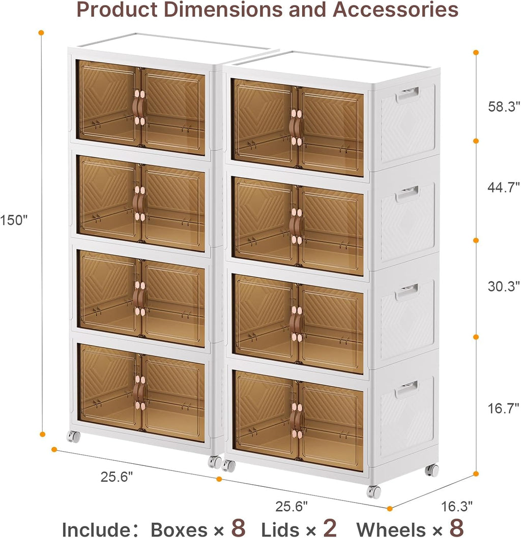 960Qt Stackable Storage Bins with Lids, 8 Pack Large Collapsible Bins with Wheels, Plastic Cabinet with Doors, Foldable Closet Organizers and Storage for Home, Dorm, Office, White