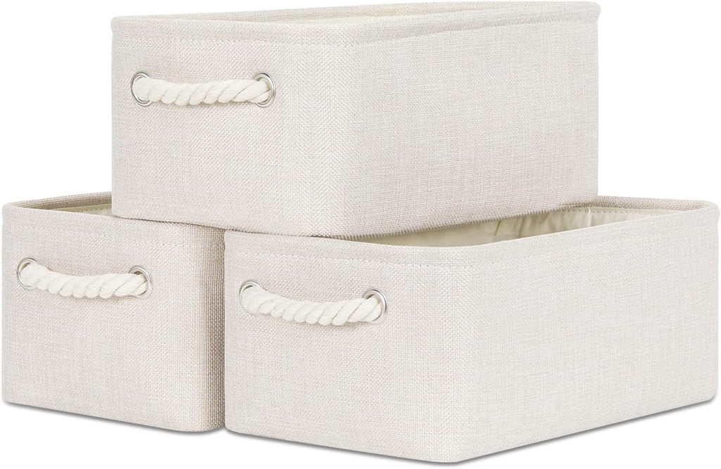 Bidtakay Small Storage Bins for Shelves 3 Pack Fabric Storage Baskets for Organizing 12x8x5 Inch Closet Storage Bins Linen Collapsible Organizer for Closet-Light Biege
