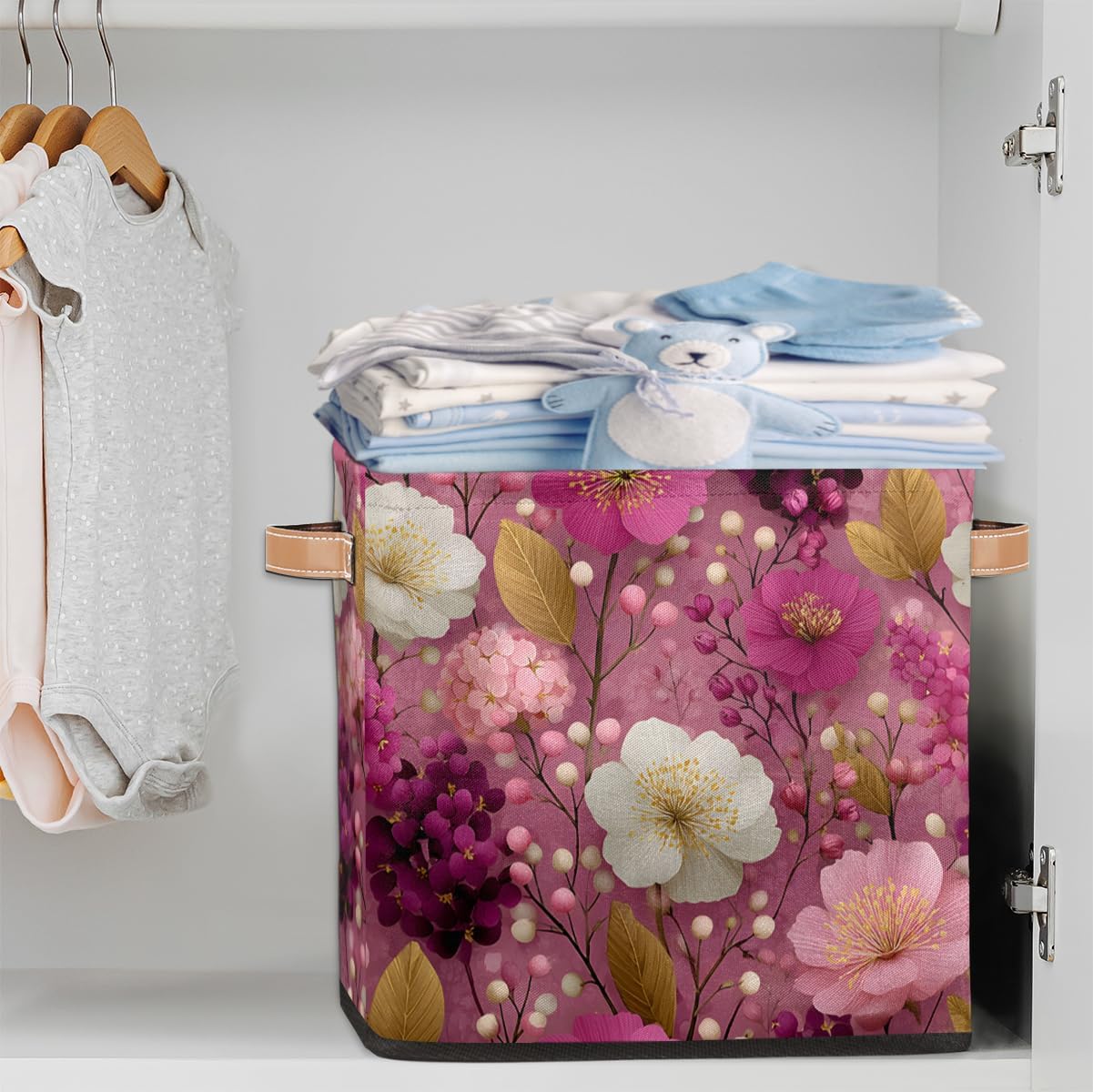 TropicalLife 13x13x13 Inch Large Fabric Storage Cube Pink Floral Print Foldable Storage Bin with Handles Organizer Boxes Cube Basket for Shelves Organizing Closet