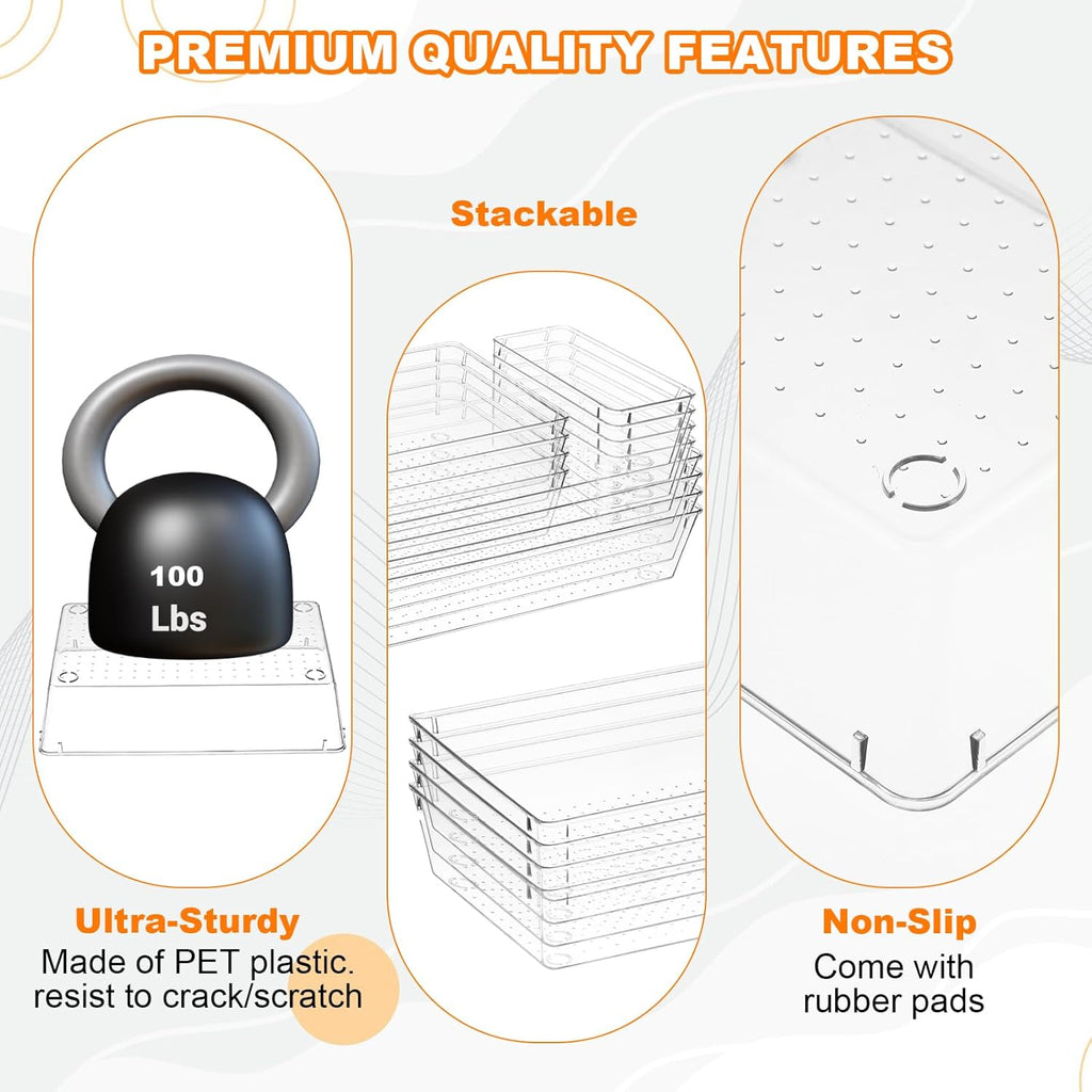 12 Pcs Clear Plastic Drawer Organizer, 12"x 6"x2", 9"x6"x2", 6"x3"x2", Kitchen Bathroom Fridge Utensil Vanity Drawer Organizers Tray Makeup Storage Organizer Drawers Trays for Organization Office