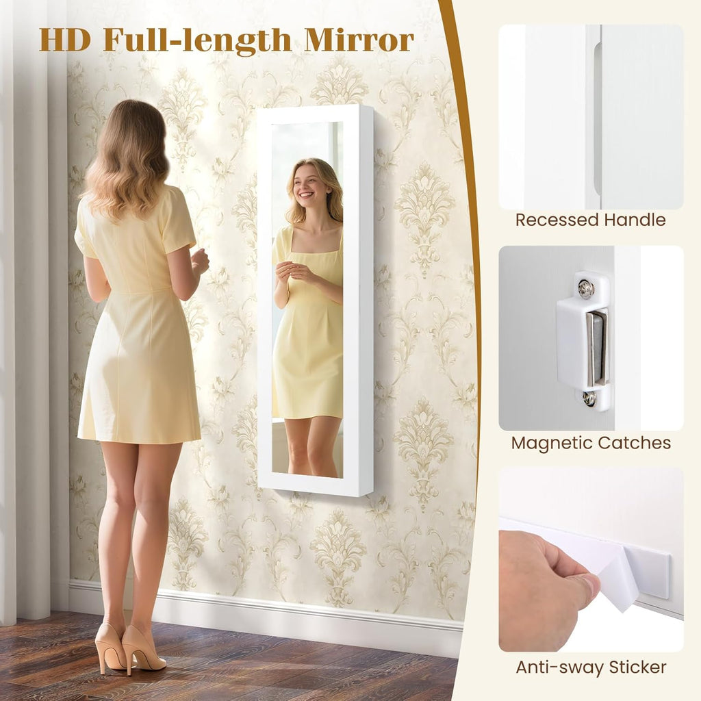 5 LEDs Mirrored Jewelry Cabinet Wall Mounted or Door Hanging, 42” Jewelry Box Armoire with Full Length Mirror, 2 Drawers & Shelves, Over the Door Jewelry organizers and Storage (White)