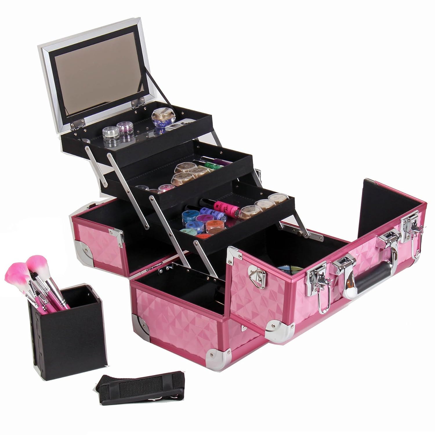 SHANY Premier Fantasy Professional Makeup Train Case Cosmetic Box Portable Makeup Case Organizer Jewelry storage with Locks, 3 Trays, Makeup Brush Holder and Cosmetics Mirror - Pink Diamond