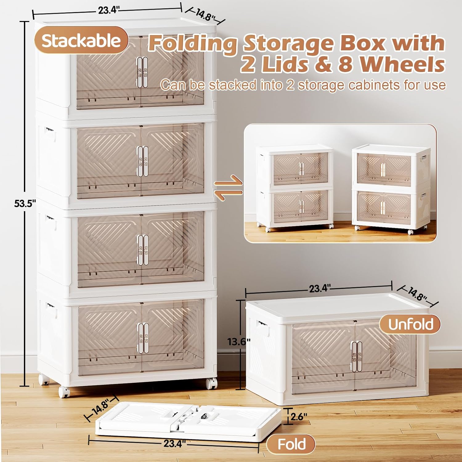 Storage Bins with Lid 76QT, Stackable Storage Containers with Wheels and Magnetic Doors, Plastic Clothes Closet Organizers and Storage Box for Home and Office (4 Pack)