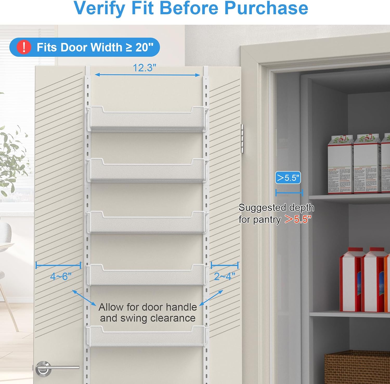12.3" W Narrow Over the Door Pantry Organizer, 6-Tier Over the Door Organizer with Adjustable Basket, Pantry Door Organization for Pantry Kitchen Storage Room Spice Rack, White