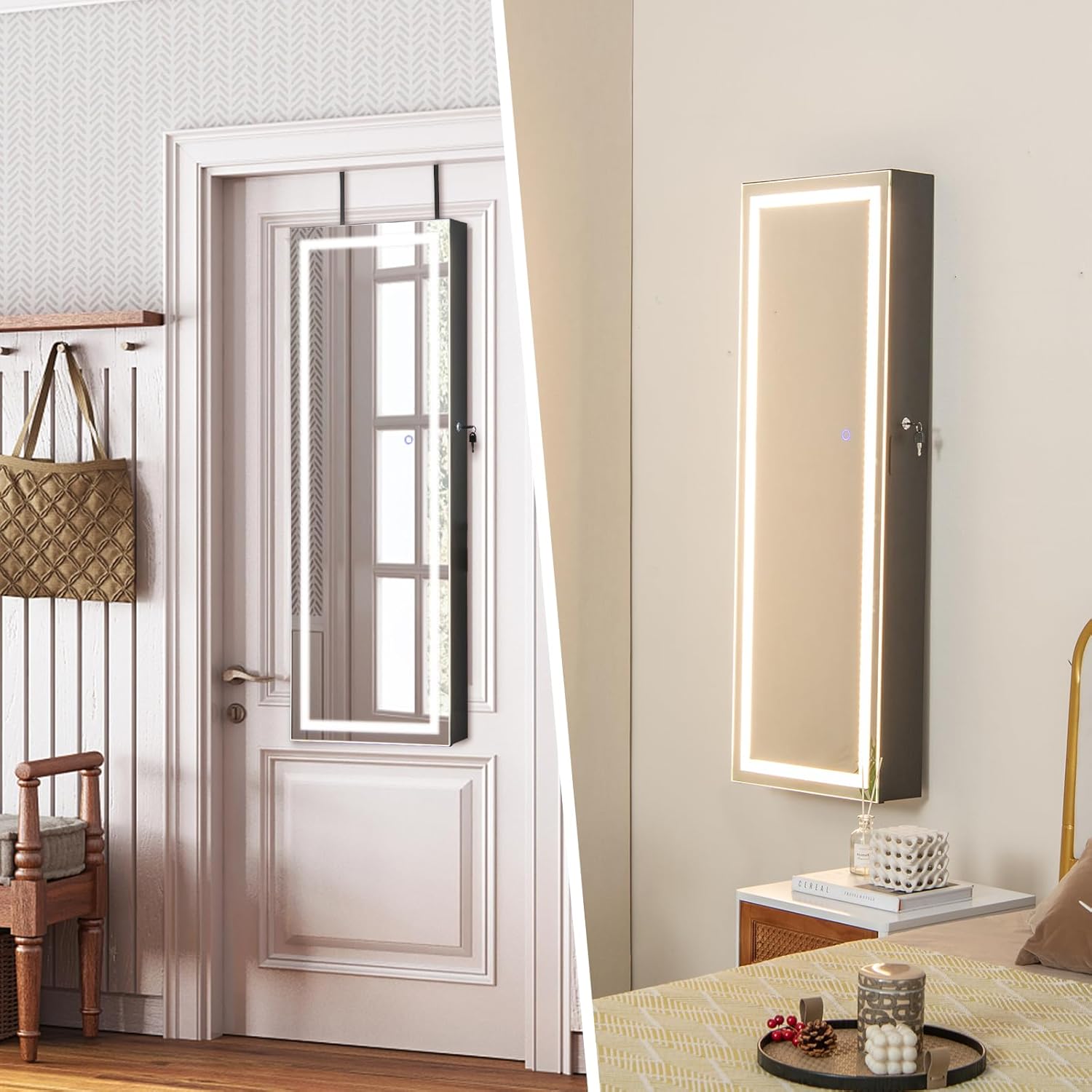 Giantex Jewelry Cabinet Armoire Door Wall Mount, 47.2in Lockable Touch Screen Lighted Full Length Mirror, 3 Lighting Settings, Inside Makeup Mirror, Jewelry Storage Box Organizer (Black)