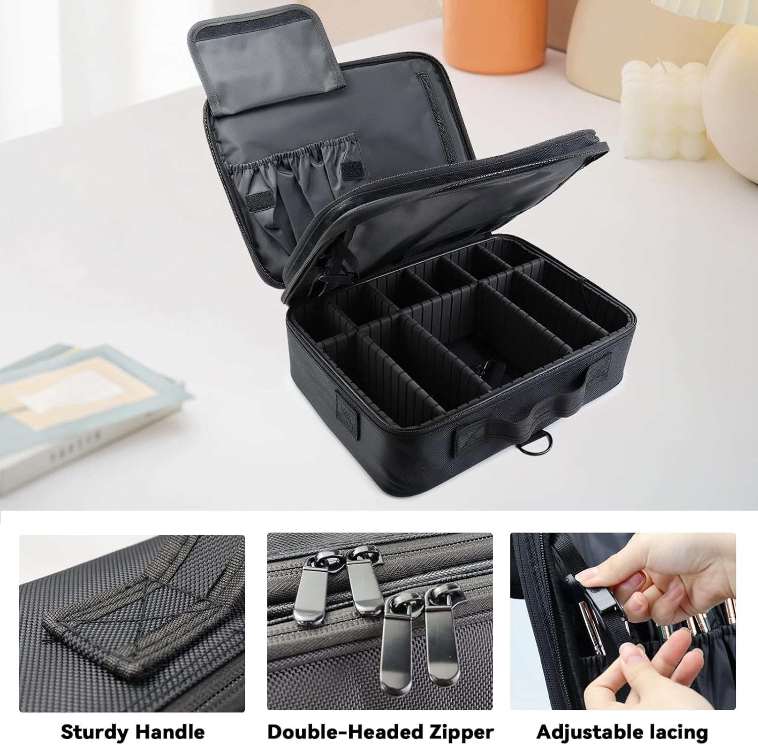 Travel Makeup Bag Makeup Cosmetic Train Case Organizer Portable Storage Bag with Adjustable Dividers for Cosmetics Makeup Brushes Toiletry Jewelry Black Medium