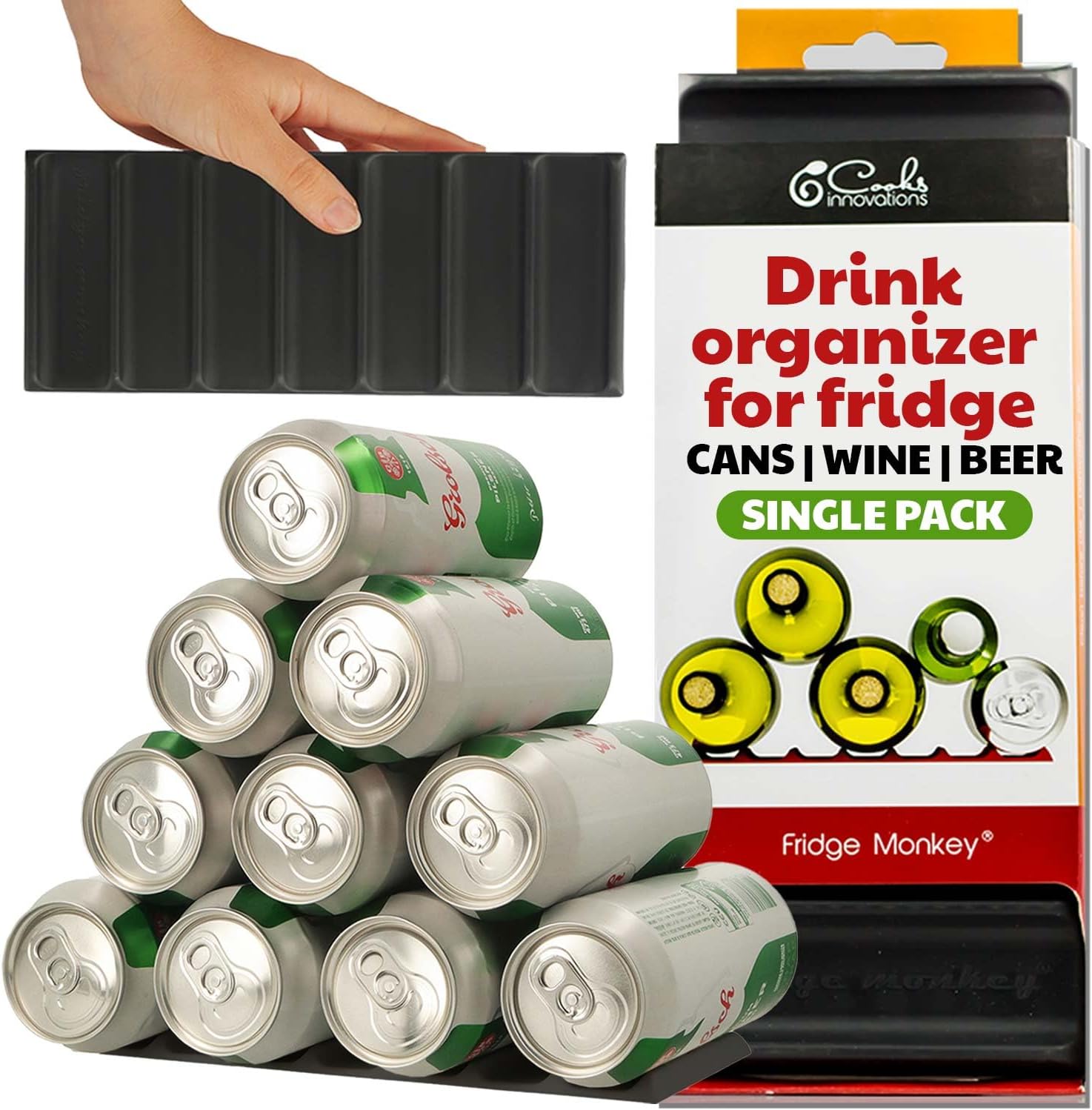 Cooks Innovations Drink Organizer for Fridge, Soda Can Refrigerator Organizers and Storage, Beer-Wine-Water Bottle Holder, Fridge Monkey - Durable Non-Slip&Roll