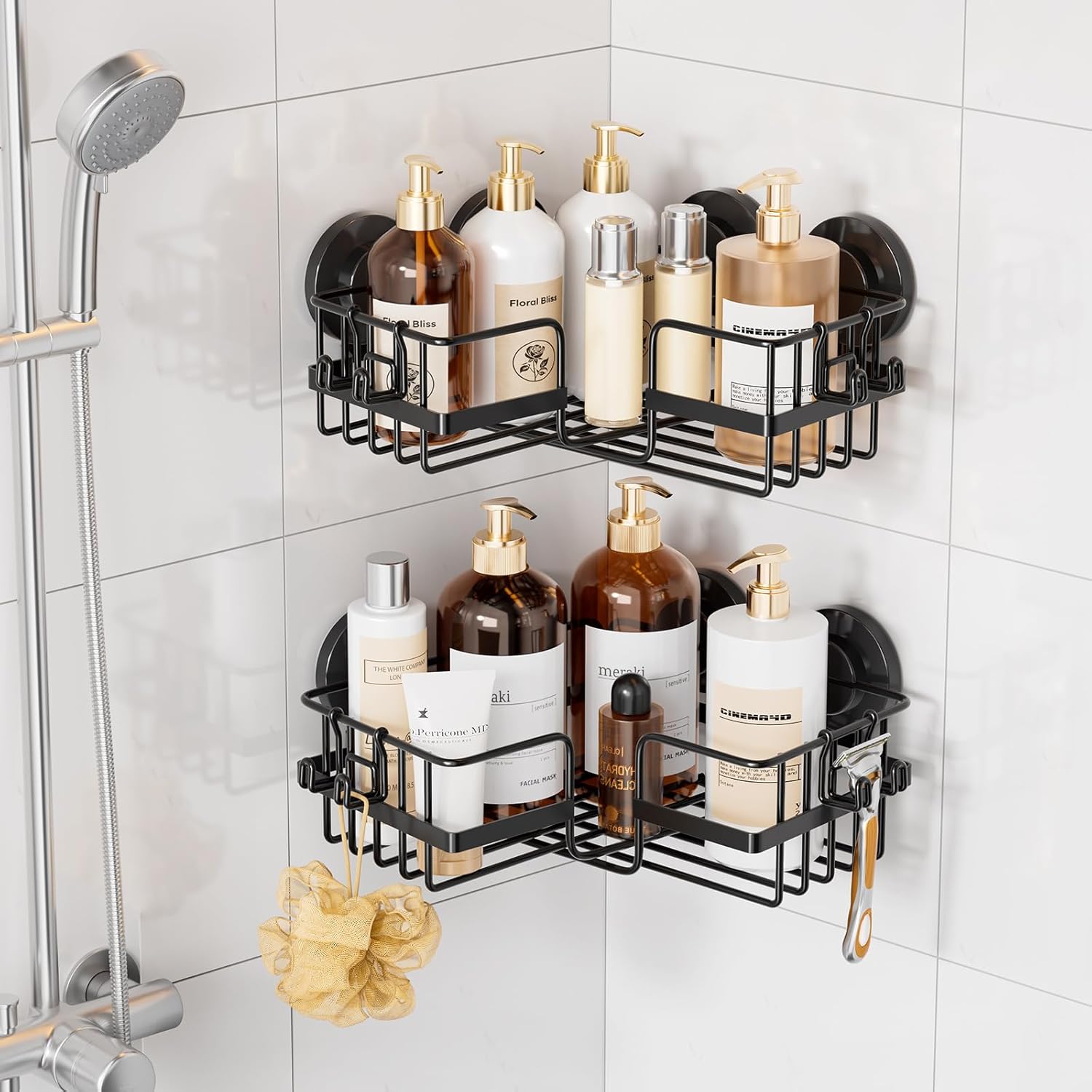TAILI 2 Pack Corner-adaptive Suction Cup Shower Caddy, Stainless Steel Rustproof Corner Shower Shelves, Large Capacity, Removable Suction Cup Bathroom Organizer, Drill-Free Wall Mounted Baskets, Black